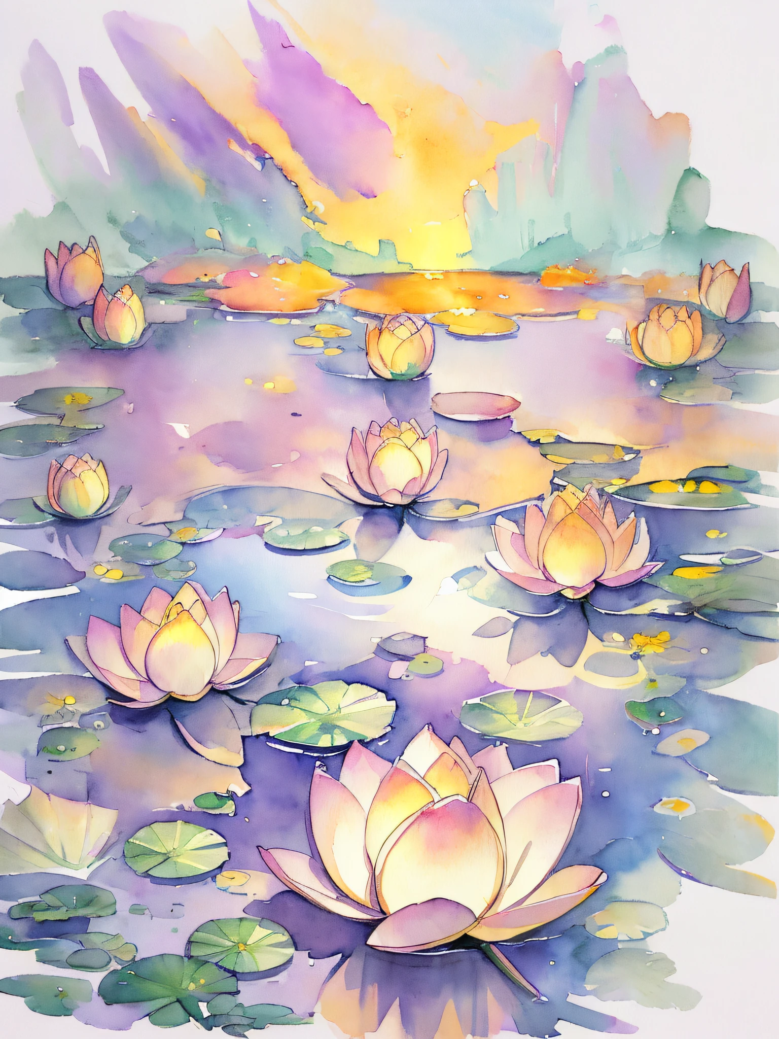 top view lotus flowers on the water surface, highly detailed render, concept art, depth of field, bokeh, octane render, sunny mystical atmosphere Elemental flowers, 32k, watercolor