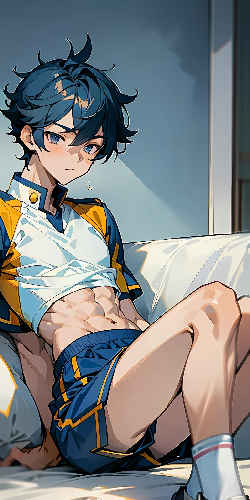 Abs boy, sunny handsome, anime male protagonist, male high school student, white socks, navy uniform, sports shorts, masturbation, full body photo