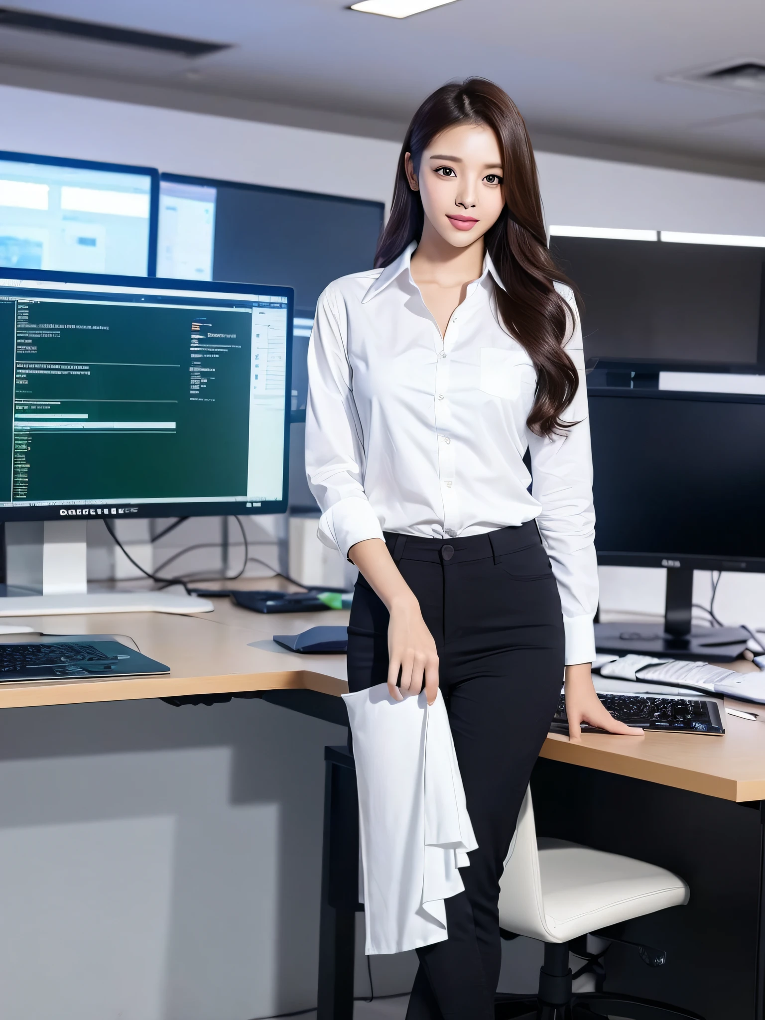 ((Best Quality, 8K, Masterpiece: 1.3)), 1 girl, smile, full body, slim face, beautiful woman, dressed in professional clothes, white shirt and black pants, holding laptop, standing in the office area of modern technology company, behind the large display screen and creative design diagrams, showing the atmosphere of technology and innovation Ultra-detailed face, detailed eyes, double eyelids, blurred background, slim face with blurred background