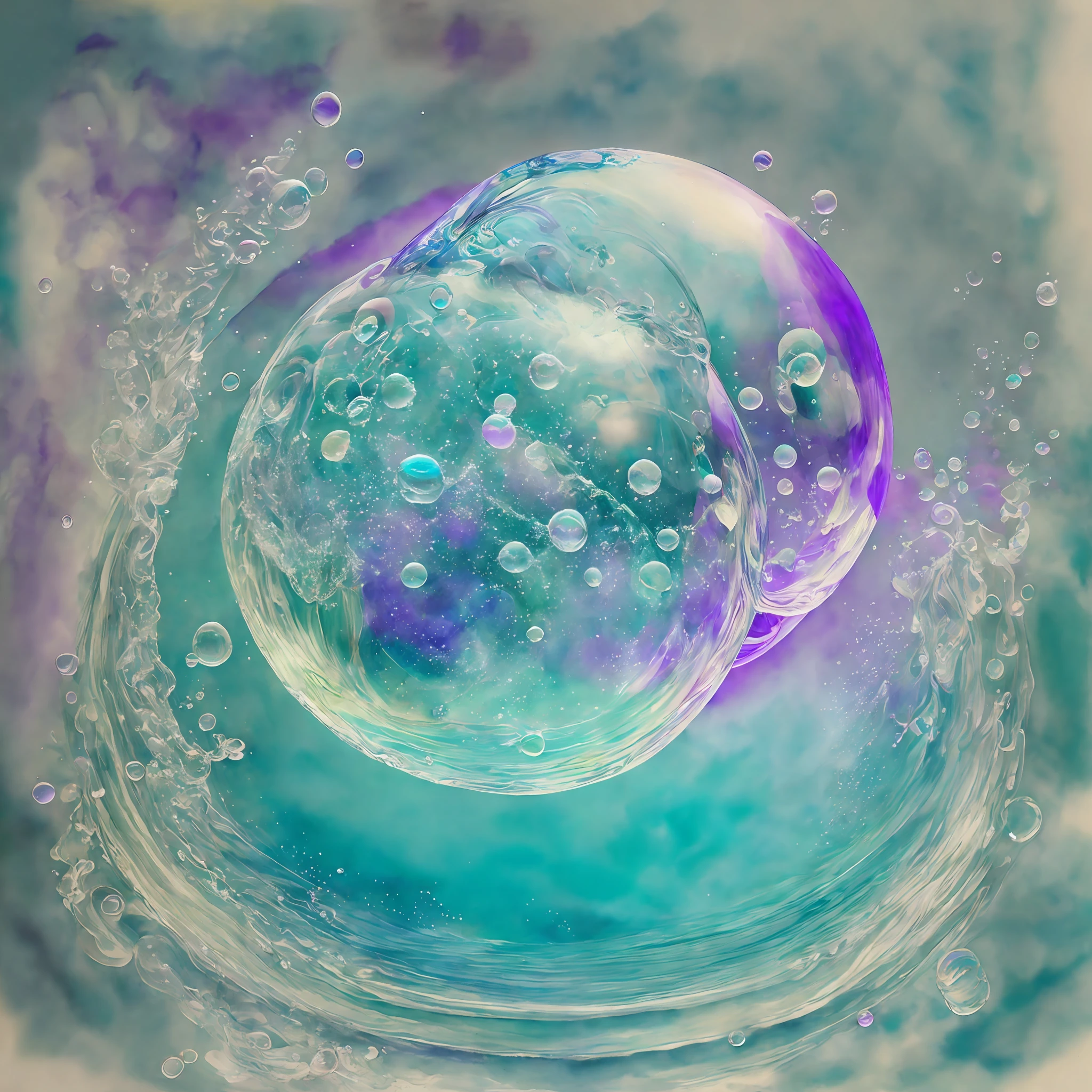 Watercolor drawing, realistic fantasy, Extensive landscape ultrasound photography (general view showing soap bubbles, water, circles on water, sky, drops), blurred background, cool, shade of turquoise, a little purple, airy, magic, "Hyper-realistic textures," "Precise details," "Realistic still life," "Realistic portraits," "Realistic landscapes." --auto --s2