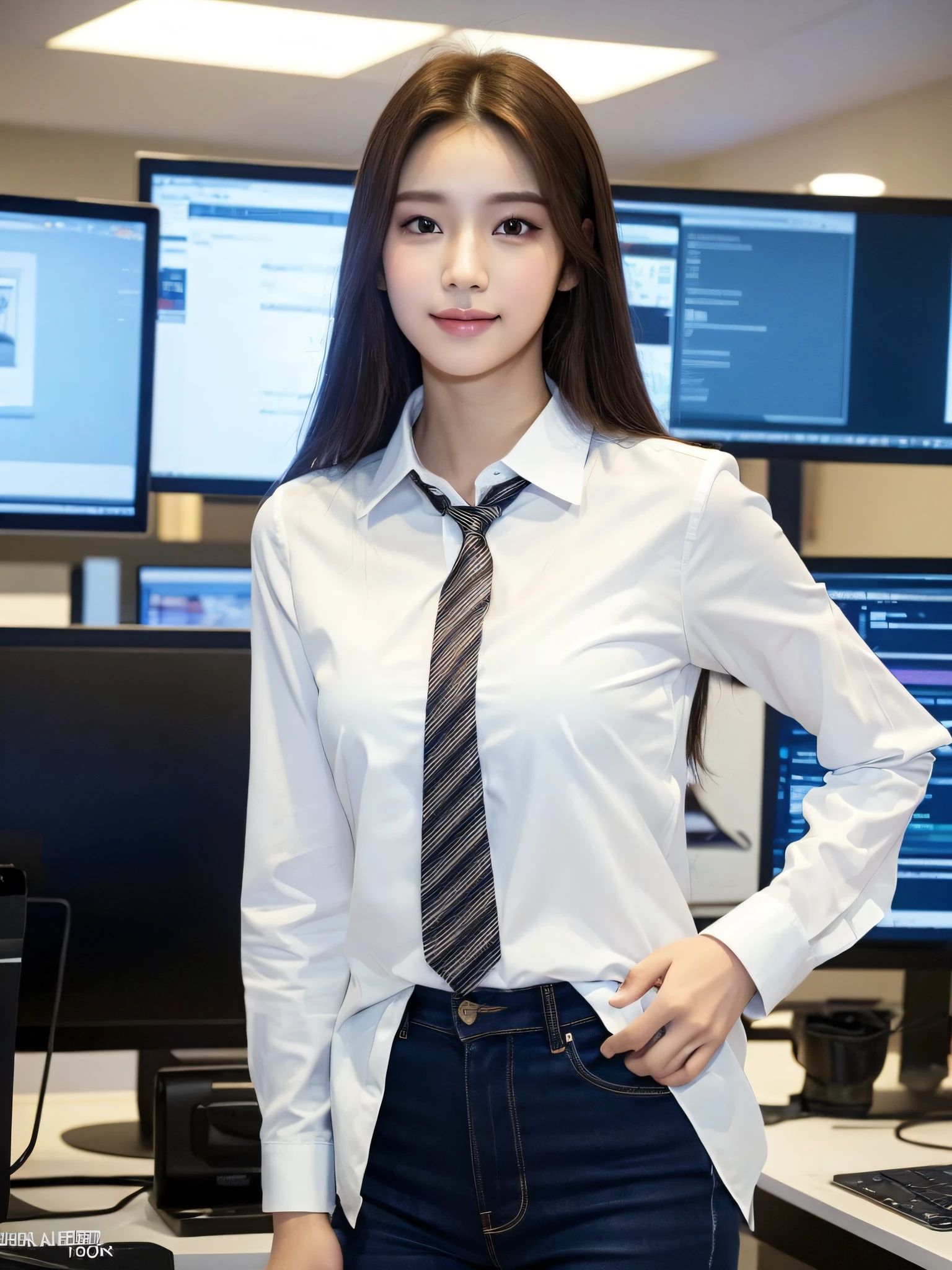 ((Best Quality, 8K, Masterpiece: 1.3)), 1 girl, smile, full body, slim face, beautiful woman, dressed in professional clothes, white shirt and black pants, holding laptop, standing in the office area of modern technology company, behind the large display screen and creative design diagrams, showing the atmosphere of technology and innovation Ultra-detailed face, detailed eyes, double eyelids, blurred background, slim face with blurred background