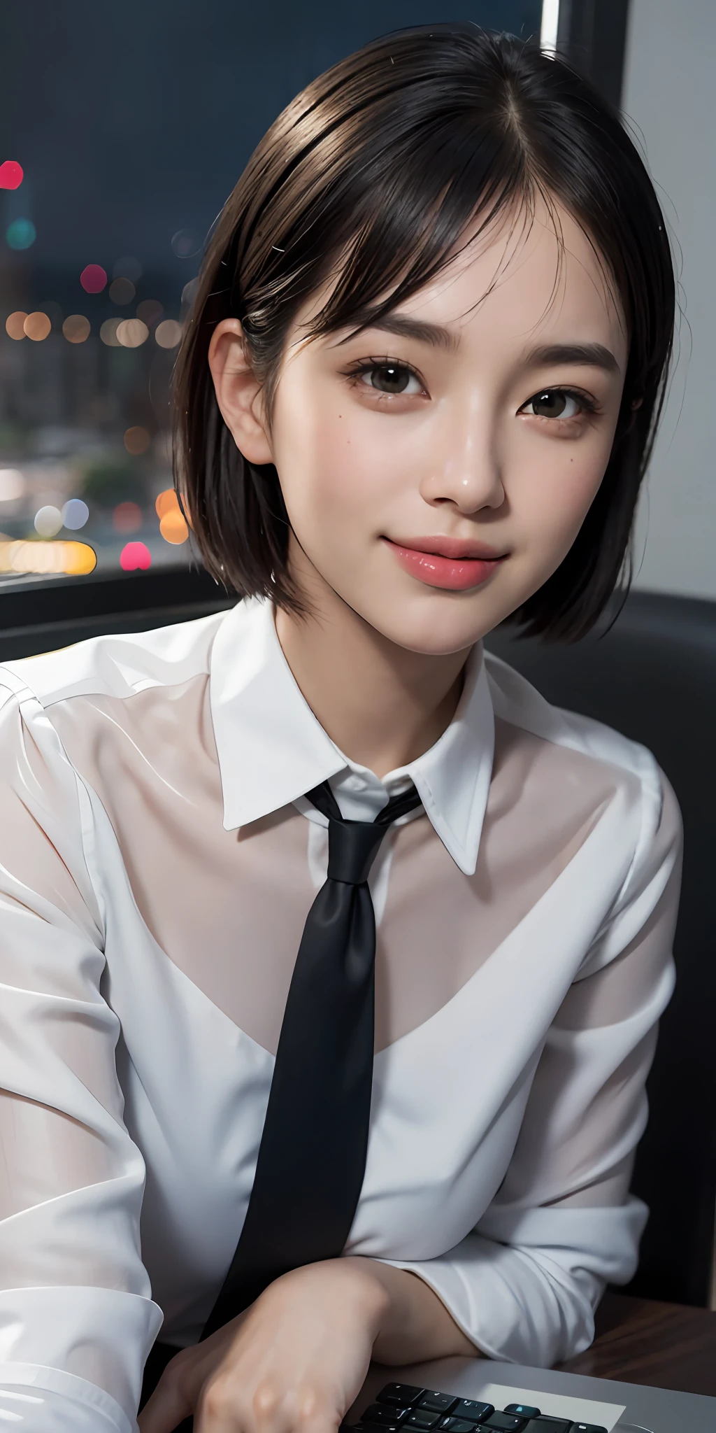 (8k, best quality, masterpiece:1.2), (realistic, photo-realistic:1.37), ultra-detailed, 1 girl,cute, solo,beautiful detailed sky,detailed office,night,sitting,(nose blush),(smile:1.15),(closed mouth) , medium breasts,beautiful detailed eyes,(collared shirt:1.1), night, wet,business attire, rain, (short hair:1.2), pureerosface_v1, computer, detail finger, beautiful detailed face,