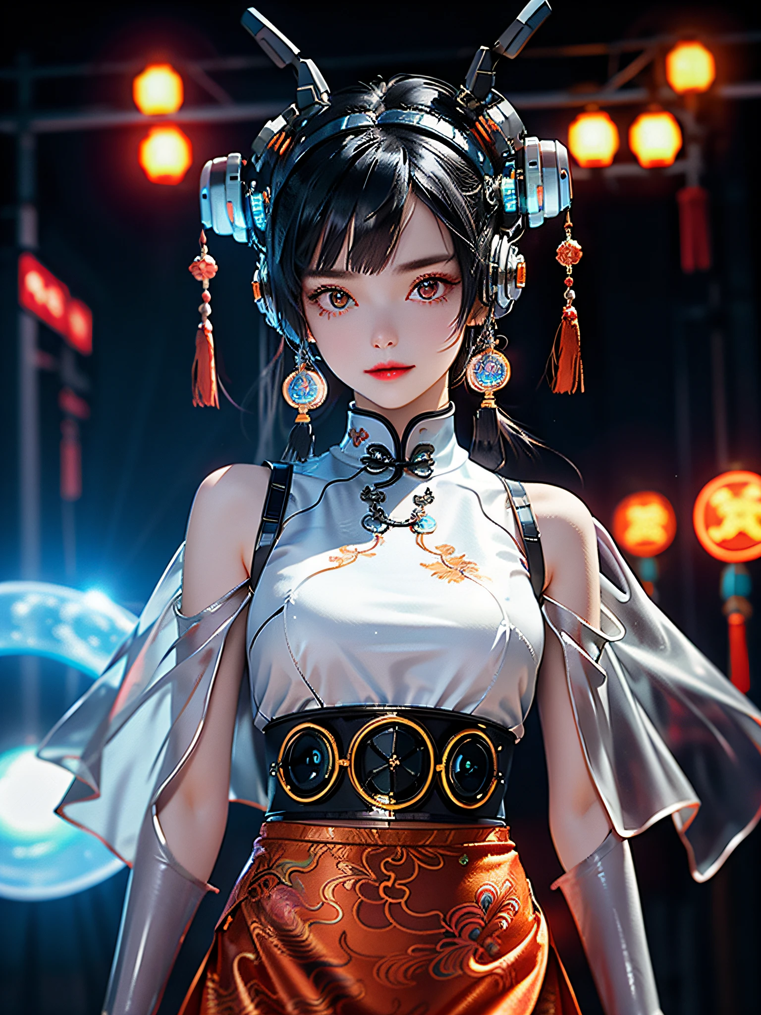 1 girl, Chinese_clothes, liquid silver and orange, cyberhan, cheongsam, cyberpunk city, dynamic pose, detailed luminous headphones, glowing hair accessories, long hair, glowing earrings, glowing necklace, cyberpunk, high-tech city, full of mechanical and futuristic elements, futurism, technology, glowing neon, orange, orange light, sexy skirt, transparent streamers, laser, digital background urban sky, big moon, with vehicles, best quality, masterpiece, 8K, character edge light, Super high detail, high quality, the most beautiful woman in human beings, smiling, face facing the front left and right symmetry, ear decoration, beautiful pupils, light effects, visual data, silver-white hair, super detail facial texture, happy and proud, weapon system, crowded streets