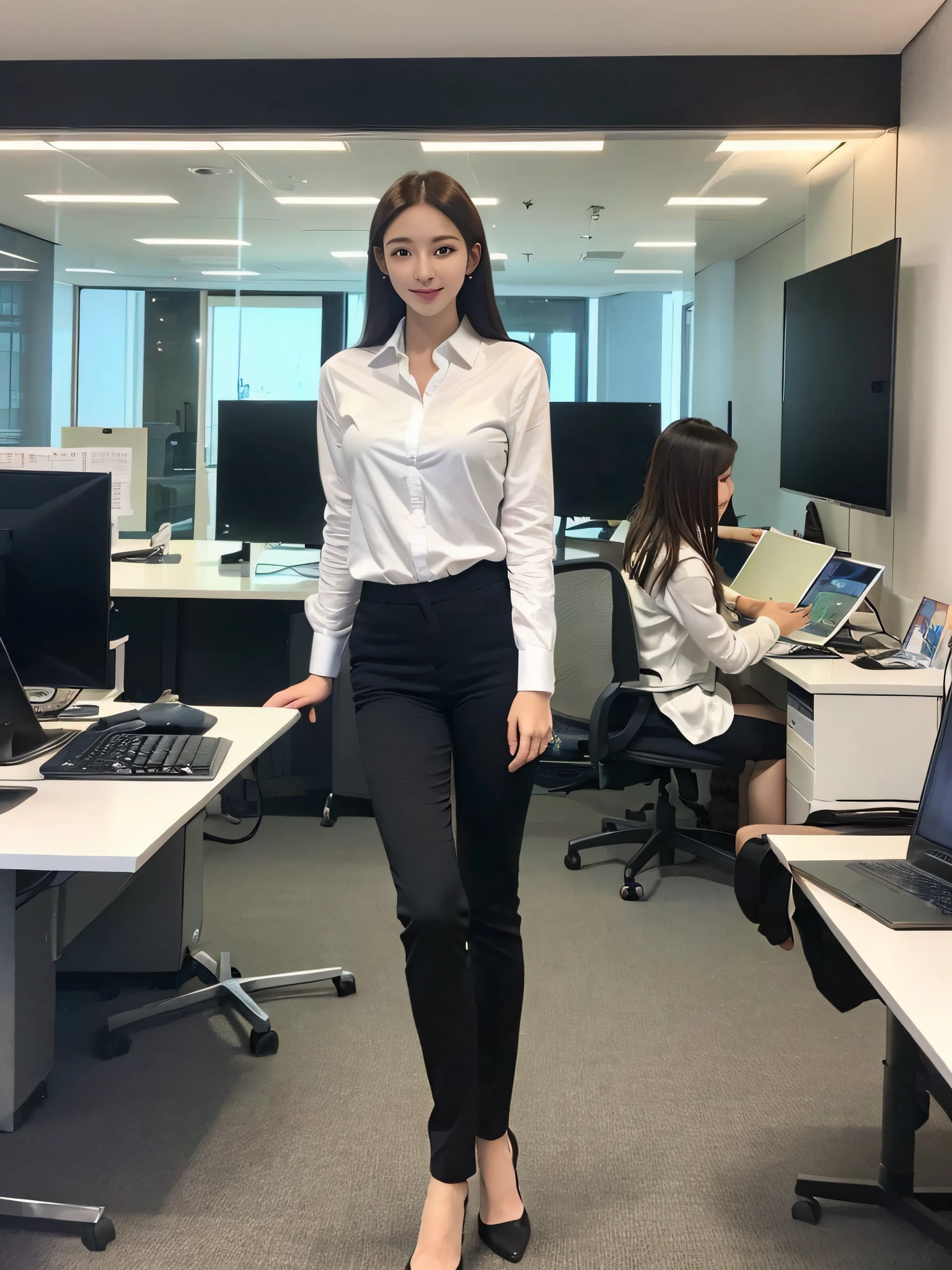 ((Best Quality, 8K, Masterpiece: 1.3)), 1 girl, smile, full body, slim face, beautiful woman, dressed in professional clothes, white shirt and black pants, holding laptop, standing in the office area of modern technology company, behind the large display screen and creative design diagrams, showing the atmosphere of technology and innovation Ultra-detailed face, detailed eyes, double eyelids, blurred background, slim face with blurred background