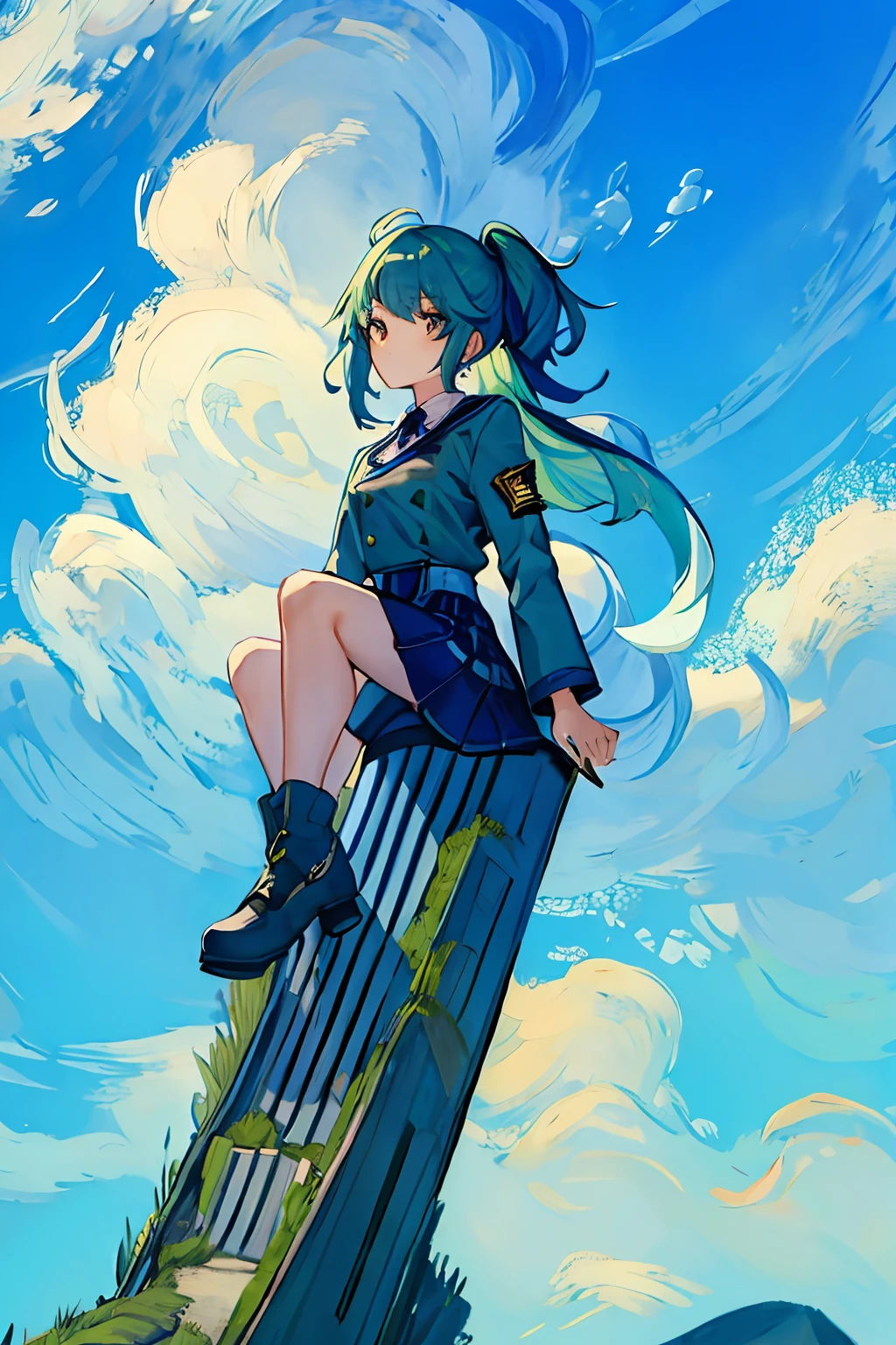 vg,the girl sitting on the black twisted tower in the distance,blue hair,green hair,very wide shot,school uniform,blue sky,1sun,clouds