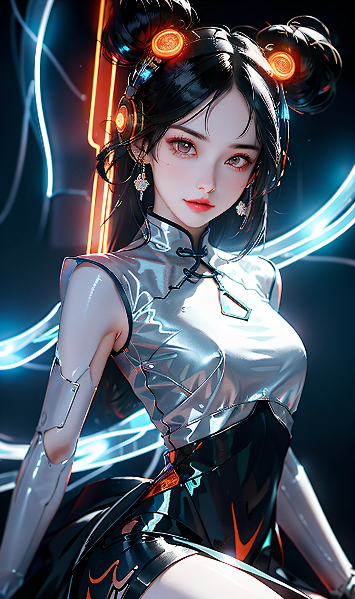 1 girl, Chinese_clothes, liquid silver and orange, cyberhan, cheongsam, cyberpunk city, dynamic pose, detailed luminous headphones, glowing hair accessories, long hair, glowing earrings, glowing necklace, cyberpunk, high-tech city, full of mechanical and futuristic elements, futurism, technology, glowing neon, orange, orange light, sexy skirt, transparent streamers, laser, digital background urban sky, big moon, with vehicles, best quality, masterpiece, 8K, character edge light, Super high detail, high quality, the most beautiful woman in human beings, slight smile, face facing front and left and right symmetry, ear decoration, beautiful pupils, light effects, visual data, silver white hair, super detail face texture, happy and proud, weapon system