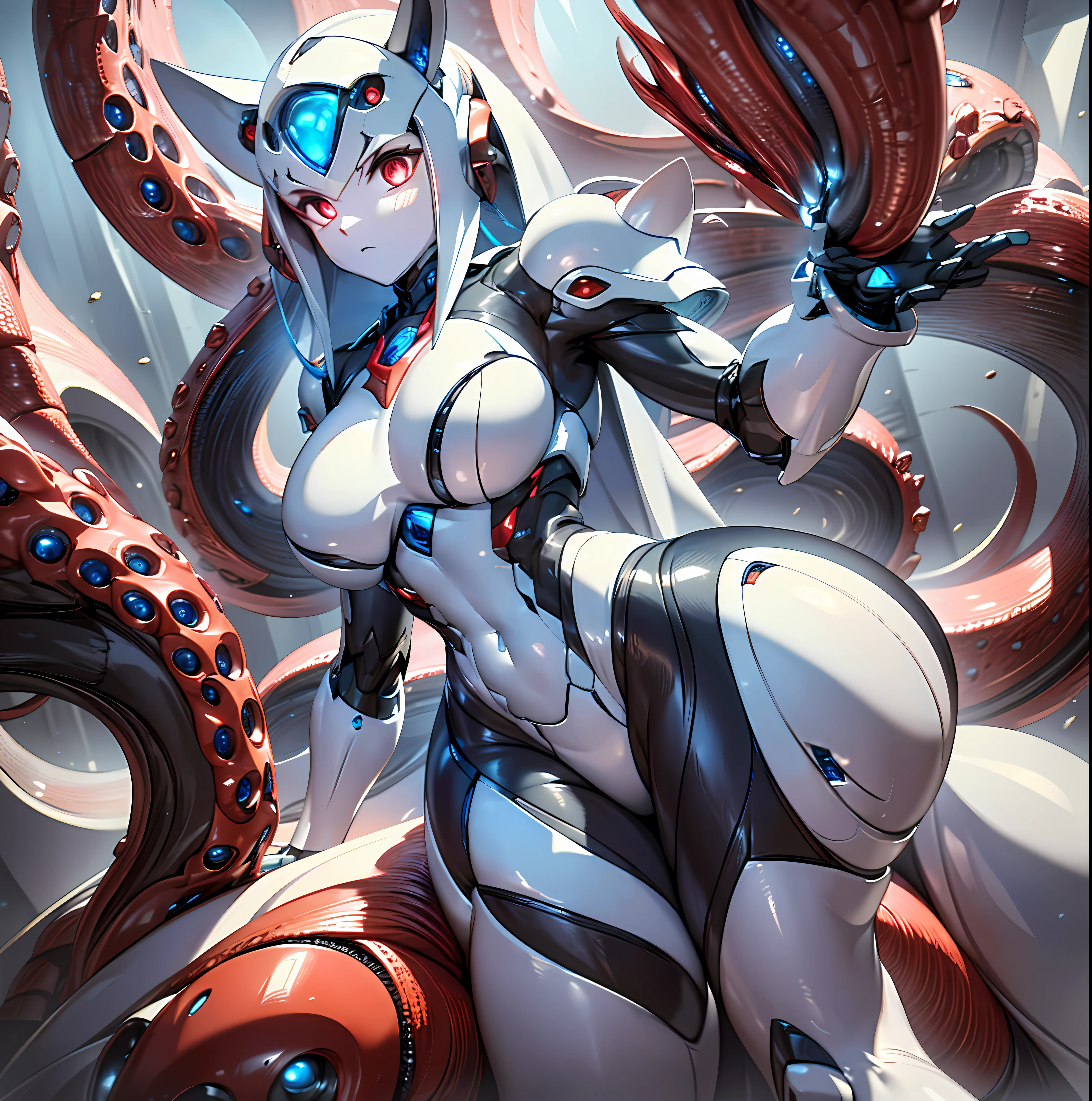 (Dark environment: 2.0) Closed room, a young woman's armor with intoxicating curves, enchanting charm, and plump chest, with a high degree of anthropomorphism, the armored body is composed of a human body wearing a white tight one-piece leather suit, the armor color is white, the surface of the body is decorated with random symmetrical blue gemstones, the skin of the character's face is mechanized into white mechanical skin, the whole body of the mecha is parasitized by red mechanized octopus tentacles, the tentacles and the host body are perfectly integrated, the tentacles and the host organs are perfectly integrated, The armored whole body has obvious tentacle characteristics, the white tight one-piece leather clothing on the surface of the armored body is replaced by a black corset formed by parasitic tentacles, revealing the chest, the lower abdomen is exposed, 4 red-white mechanized tentacles grow on the back, there are flying small flying robots next to it, only one armor is rendered, and there is no other armor in the picture,