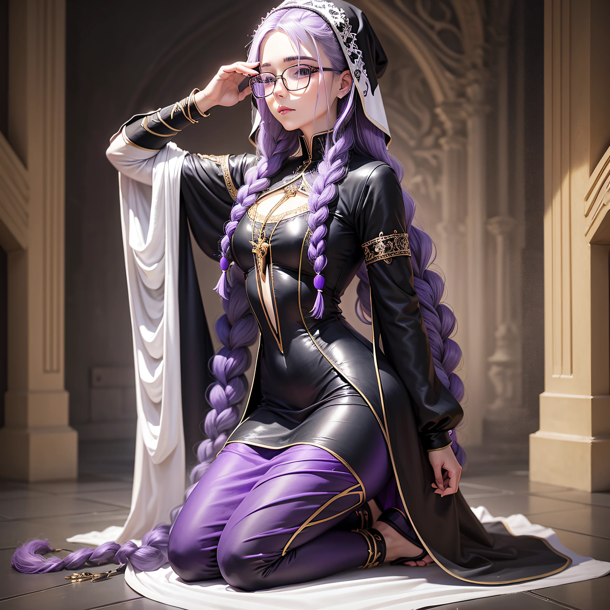 Virgin, holy, kneeling in prayer, twisted braids, long black silk legs, black glasses, white clothes, purple hair --auto --s2