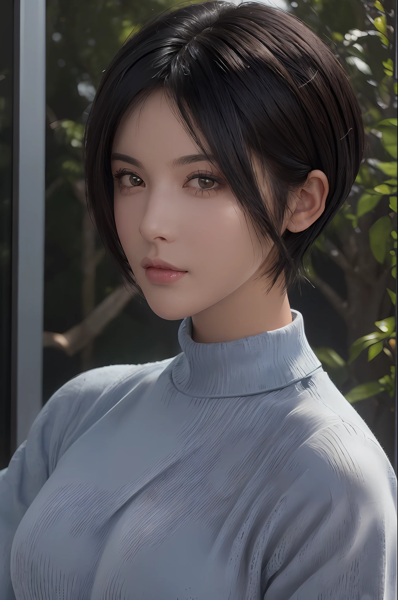 (masterpiece:1.3), (8k, photorealistic, RAW photo, best quality: 1.4), (1girl), beautiful face, (realistic face), (black hair, short hair:1.3), beautiful hairstyle, realistic eyes, beautiful detailed eyes, (realistic skin), beautiful skin, (sweater), absurdres, attractive, ultra high res, ultra realistic, highly detailed, golden ratio