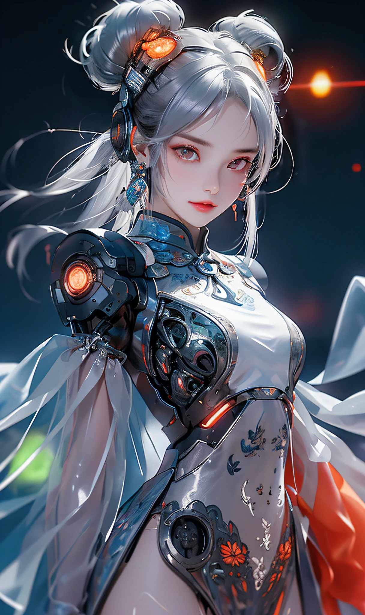 1 girl, Chinese_clothes, liquid silver and orange, cyberhan, cheongsam, cyberpunk city, dynamic pose, detailed luminous headphones, glowing hair accessories, long hair, glowing earrings, glowing necklace, cyberpunk, high-tech city, full of mechanical and futuristic elements, futuristic, technology, glowing neon, orange, orange light, transparent tulle, transparent streamers, laser, digital background urban sky, big moon, with vehicles, best quality, masterpiece, 8K, character edge light, Super high detail, high quality, the most beautiful woman in human beings, slight smile, face facing front and left and right symmetry, ear decoration, beautiful pupils, light effects, visual data, silver white hair, super detail face texture, happy and proud, weapon system