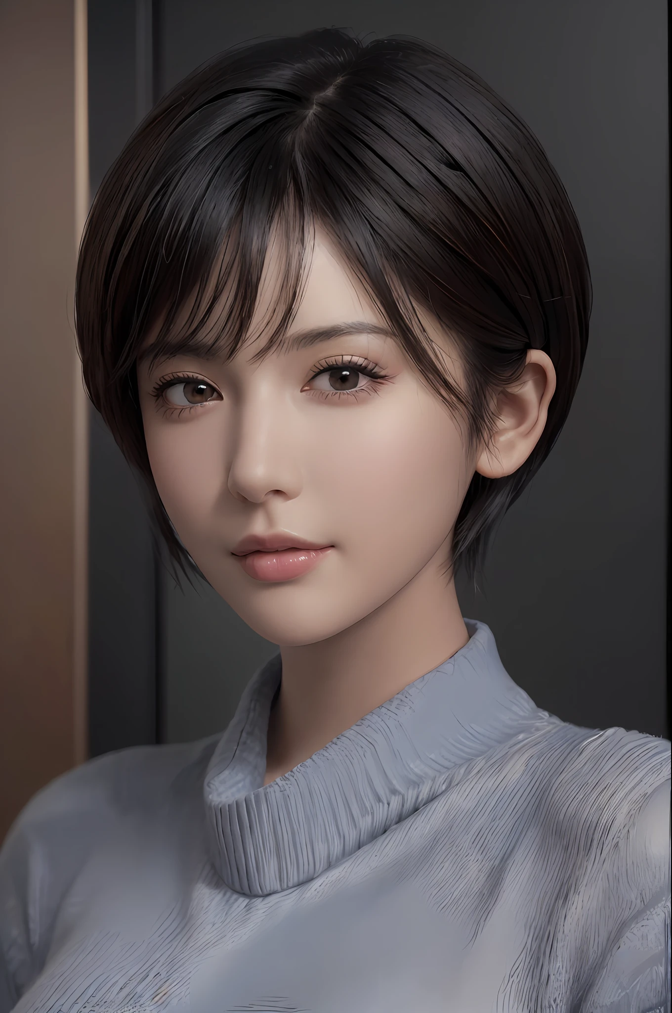 (masterpiece:1.3), (8k, photorealistic, RAW photo, best quality: 1.4), (1girl), beautiful face, (realistic face), (black hair, short hair:1.3), beautiful hairstyle, realistic eyes, beautiful detailed eyes, (realistic skin), beautiful skin, (sweater), absurdres, attractive, ultra high res, ultra realistic, highly detailed, golden ratio