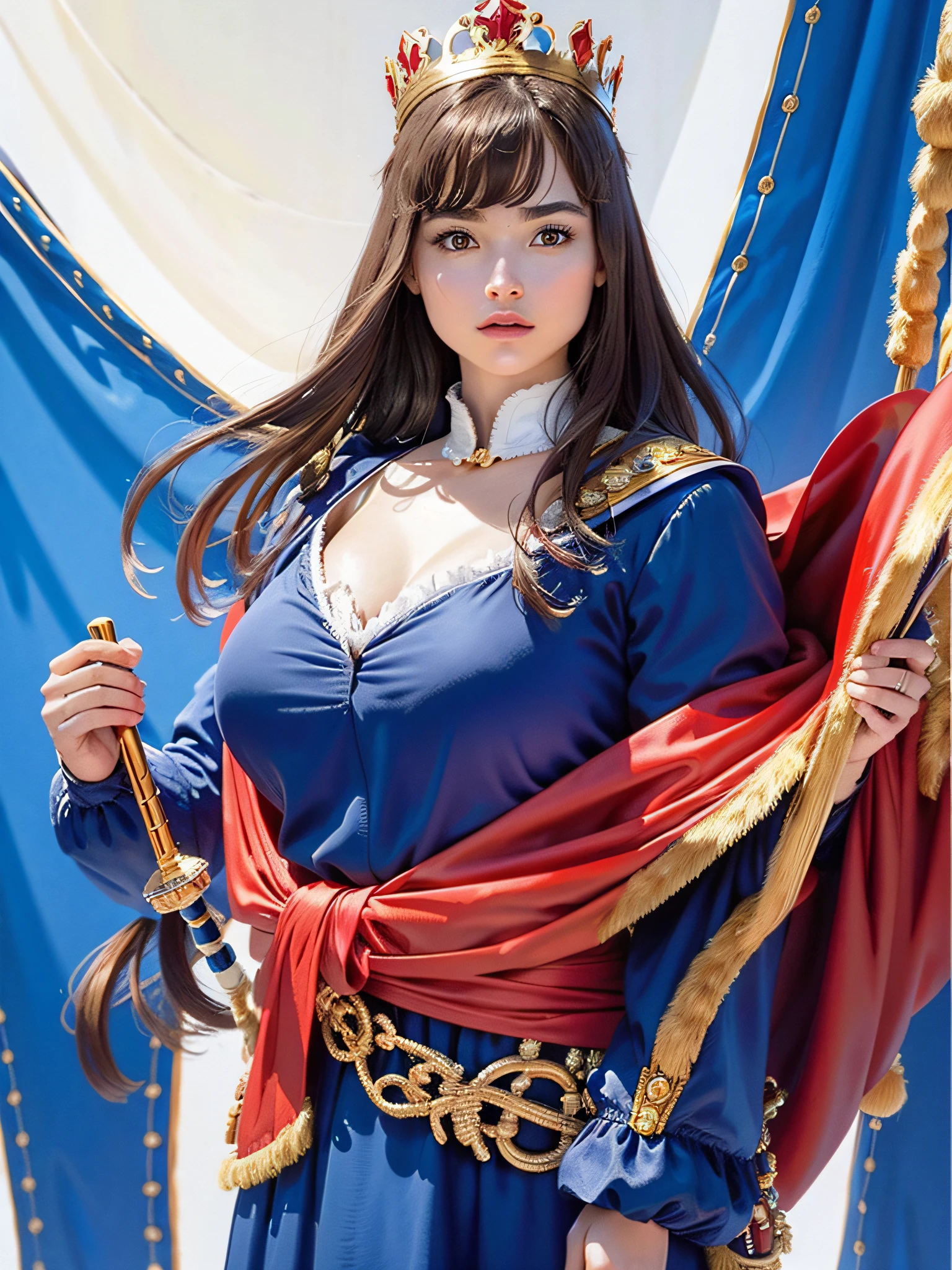 (masterpiece, top quality, highest quality, official art, beautiful and aesthetic: 1.2), ultra-detailed complex 3D rendering of face, various poses, ((Huge breasts: 3.4)), (Exposure: 2.1), blue micro bikini, , Perfect figure: 1.4, Slim abs: 1.1, (1 girl), red cape lined with fur, detailed crown decorated with precious stones: 2.2), cleavage, brown hair, white skin, With a beautiful and luxurious shield with a strong and detailed weapon