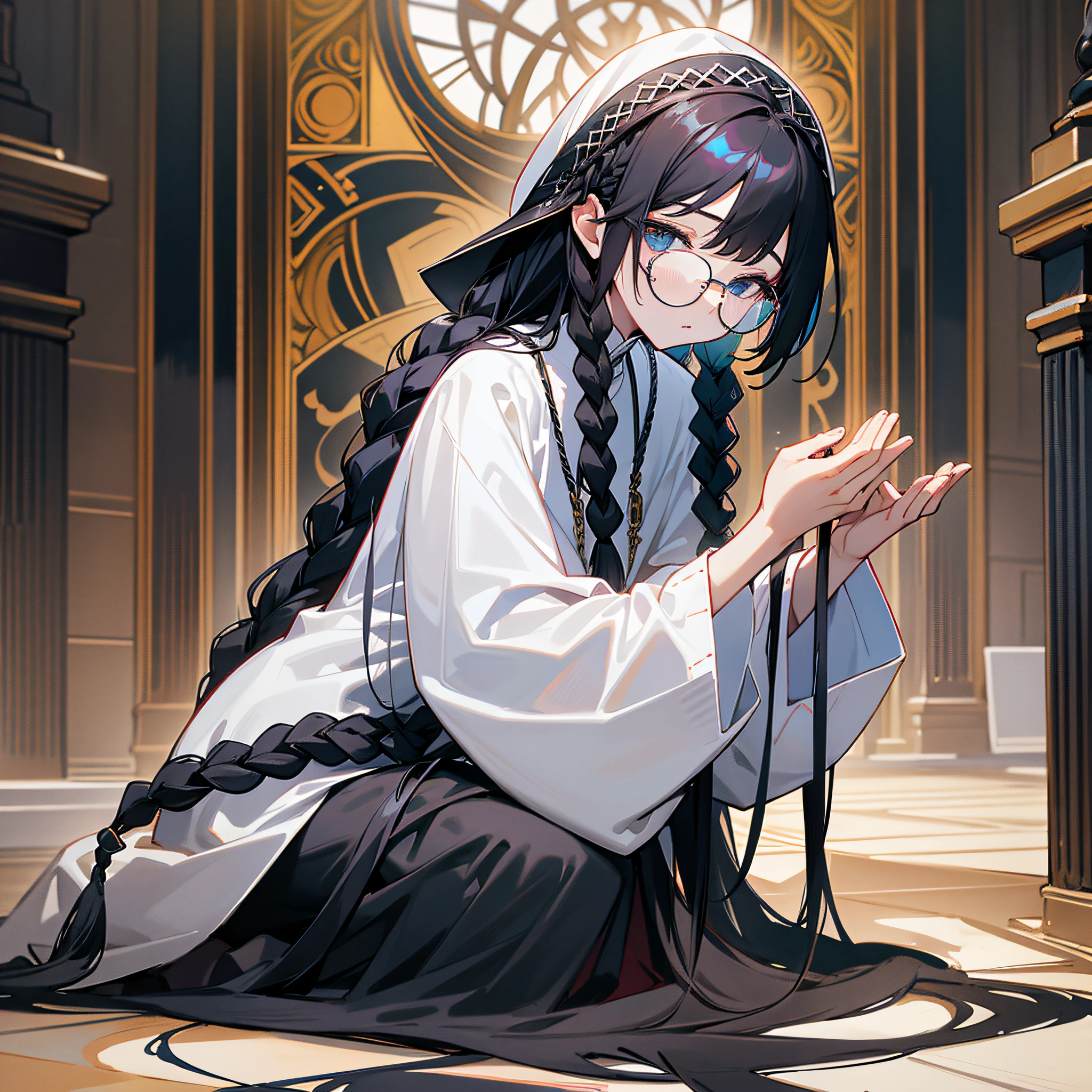 Virgin, holy, kneeling in prayer, twisted braids, long black silk legs, black glasses, white clothes, black hair --auto --s2