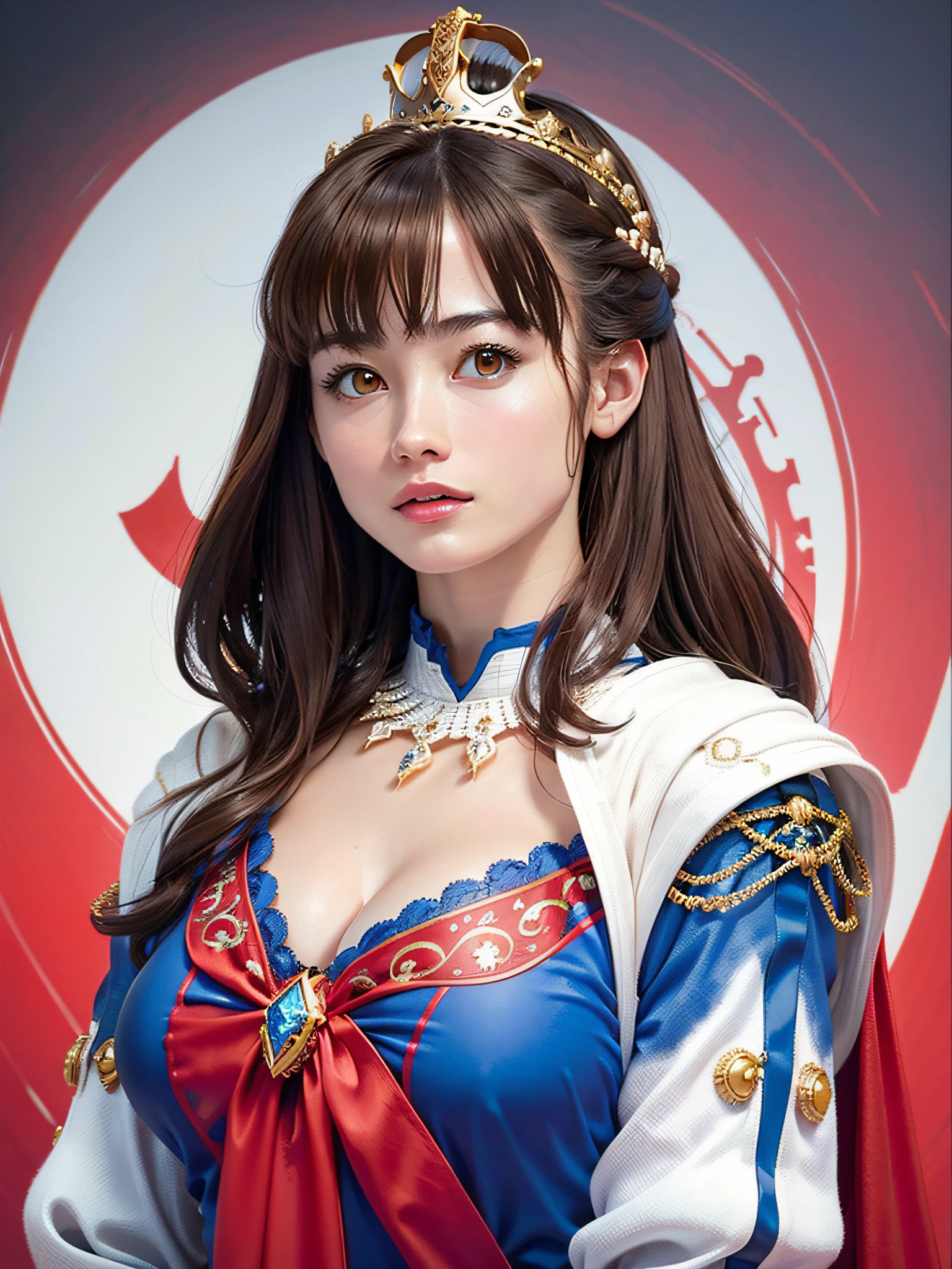 (masterpiece, top quality, highest quality, official art, beautiful and aesthetic: 1.2), ultra-detailed complex 3D rendering of face, various poses, ((Huge breasts: 3.4)), (Exposure: 2.1), blue micro bikini, , Perfect figure: 1.4, Slim abs: 1.1, (1 girl), red cape lined with fur, detailed crown decorated with precious stones: 2.2), cleavage, brown hair, white skin, With a beautiful and luxurious shield with a strong and detailed weapon