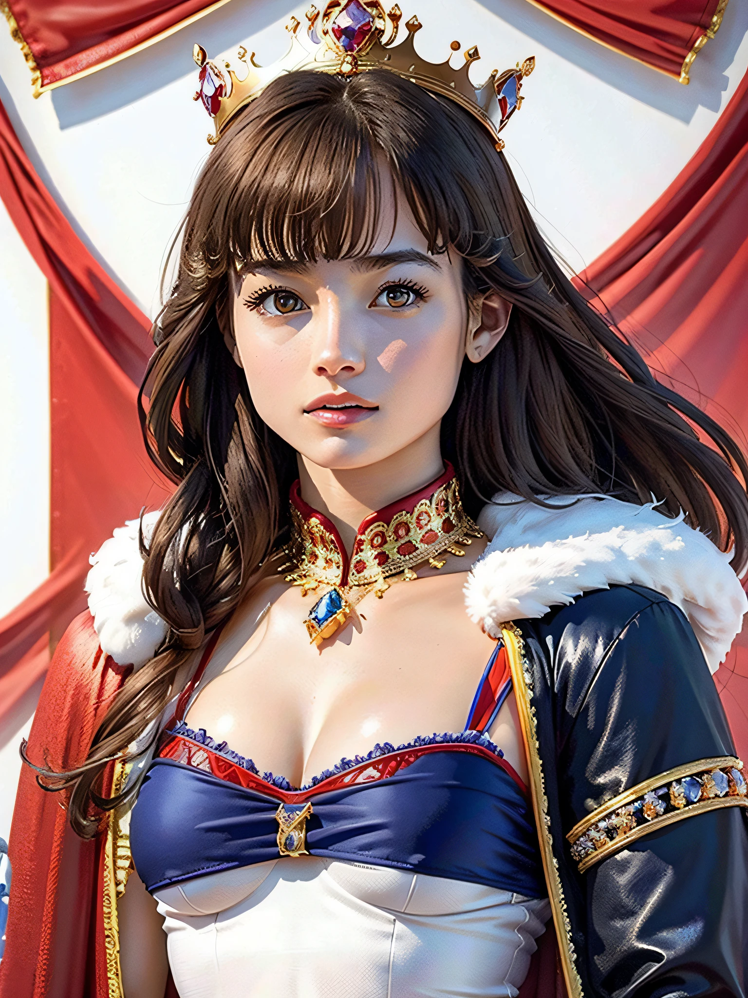 (masterpiece, top quality, highest quality, official art, beautiful and aesthetic: 1.2), ultra-detailed complex 3D rendering of face, various poses, ((Huge breasts: 3.4)), (Exposure: 2.1), blue micro bikini, , Perfect figure: 1.4, Slim abs: 1.1, (1 girl), red cape lined with fur, detailed crown decorated with precious stones: 2.2), cleavage, brown hair, white skin, With a beautiful and luxurious shield with a strong and detailed weapon