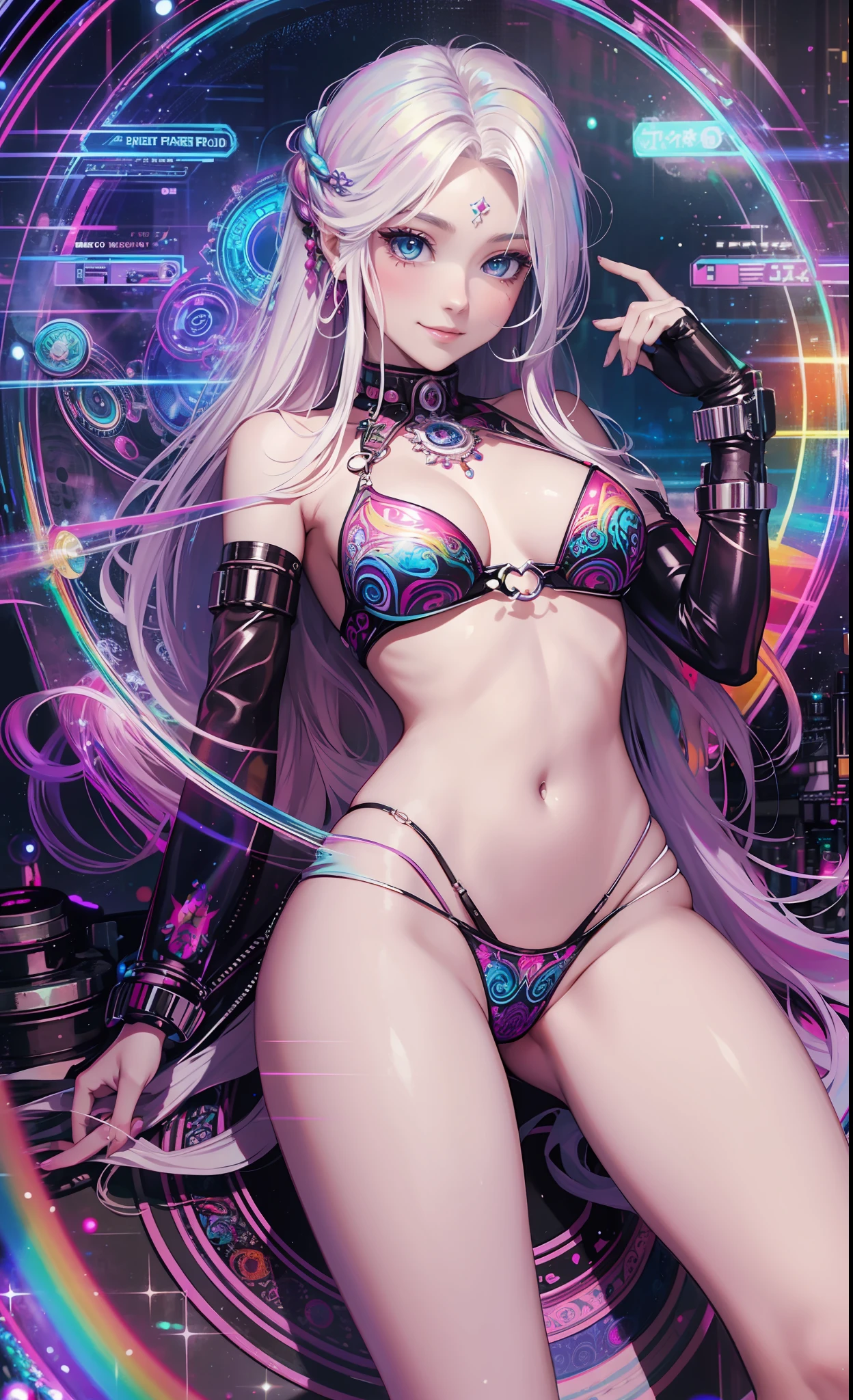 Masterpiece, Best Quality, Girls, Slender, Rainbow Colored Eyes, Hair Color, Rainbow Color, Long Hair Spreading, White Skin, Medium, Pretty, Sexy, Halo, Near Future, Bikini, Too Exposed Skin, Psychedelic, Trip, Highly Colored, Paisley, Highly Colored, Cyberspace, Cyberpunk, Disco, Mirror Ball, Buddhism, Mandala Themes, Open Legs, Eyeshadow, False Lashes, Blushing, mechanical left arm, smile, whole body