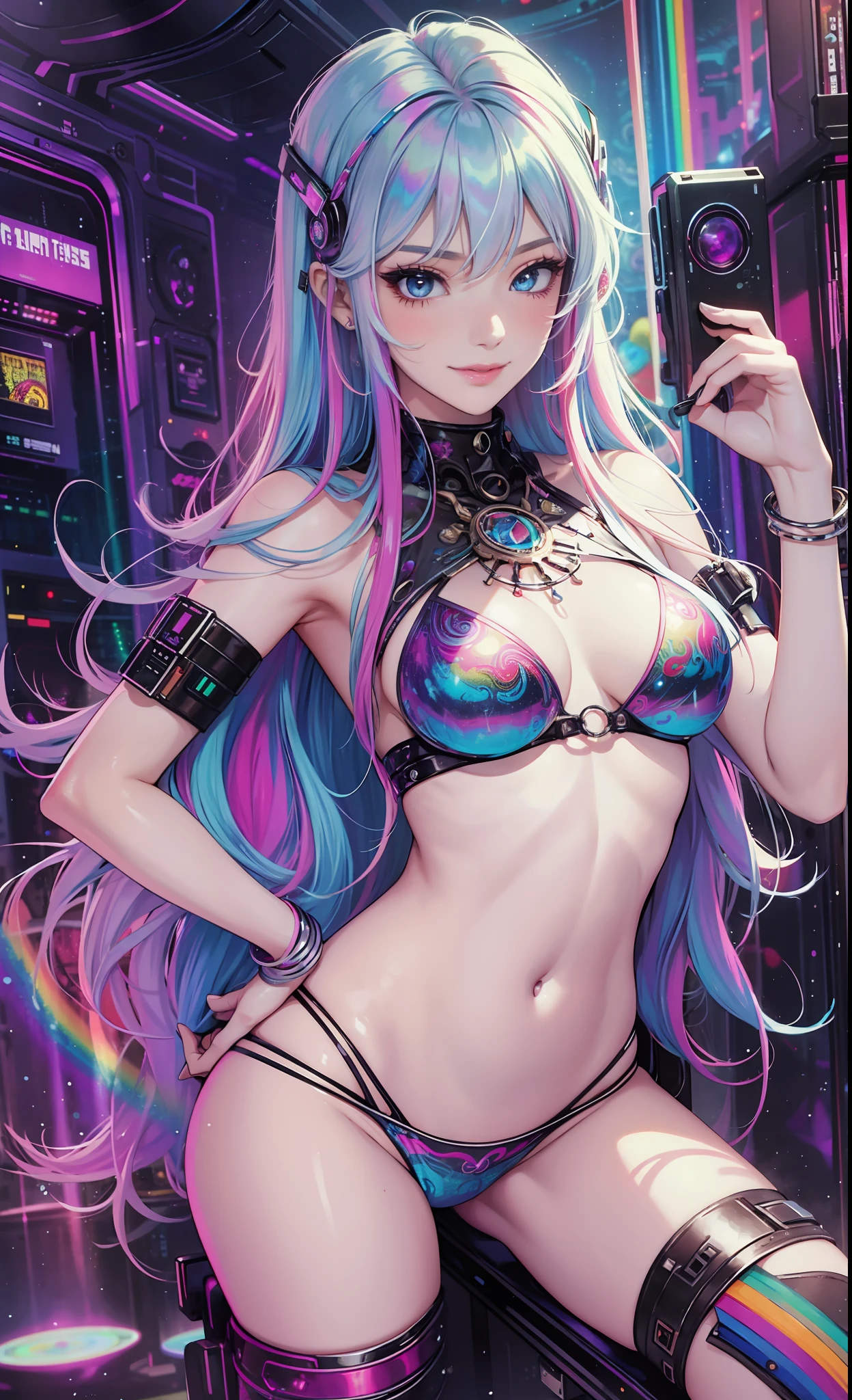 Masterpiece, Best Quality, Girls, Slender, Rainbow Colored Eyes, Hair Color, Rainbow Color, Long Hair Spreading, White Skin, Medium, Pretty, Sexy, Halo, Near Future, Bikini, Too Exposed Skin, Psychedelic, Trip, Highly Colored, Paisley, Highly Colored, Cyberspace, Cyberpunk, Disco, Mirror Ball, Buddhism, Mandala Themes, Open Legs, Eyeshadow, False Lashes, Blushing, mechanical left arm, smile, whole body