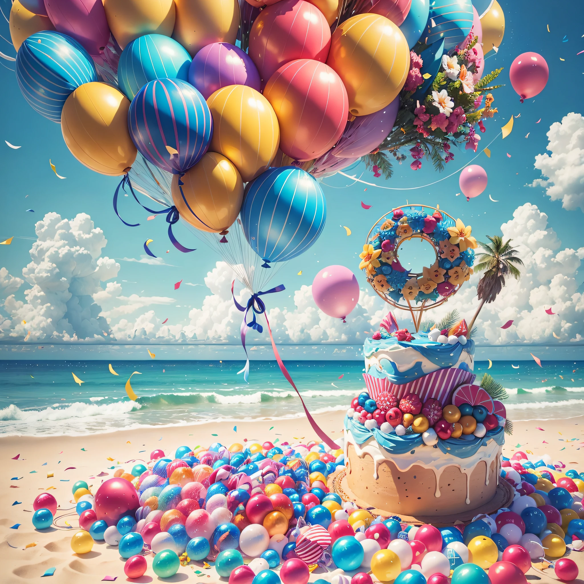 holiday, summer, happy birthday, beach, balloons, confetti, realistic, realism, many details, detail --auto --s2