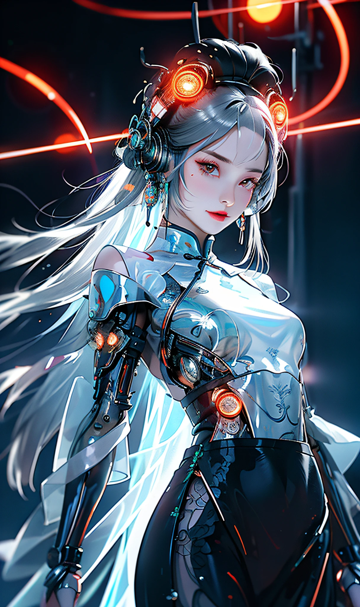 1 girl, Chinese_clothes, liquid silver and orange, cyberhan, cheongsam, cyberpunk city, dynamic pose, detailed luminous headphones, glowing hair accessories, long hair, glowing earrings, glowing necklace, cyberpunk, high-tech city, full of mechanical and futuristic elements, futuristic, technology, glowing neon, orange, orange light, transparent tulle, transparent streamers, laser, digital background urban sky, big moon, with vehicles, best quality, masterpiece, 8K, character edge light, Super high detail, high quality, the most beautiful woman in human beings, micro smile, face facing front and left and right symmetry, ear decoration, beautiful pupils, light effects, visual data, silver white hair, super detail facial texture