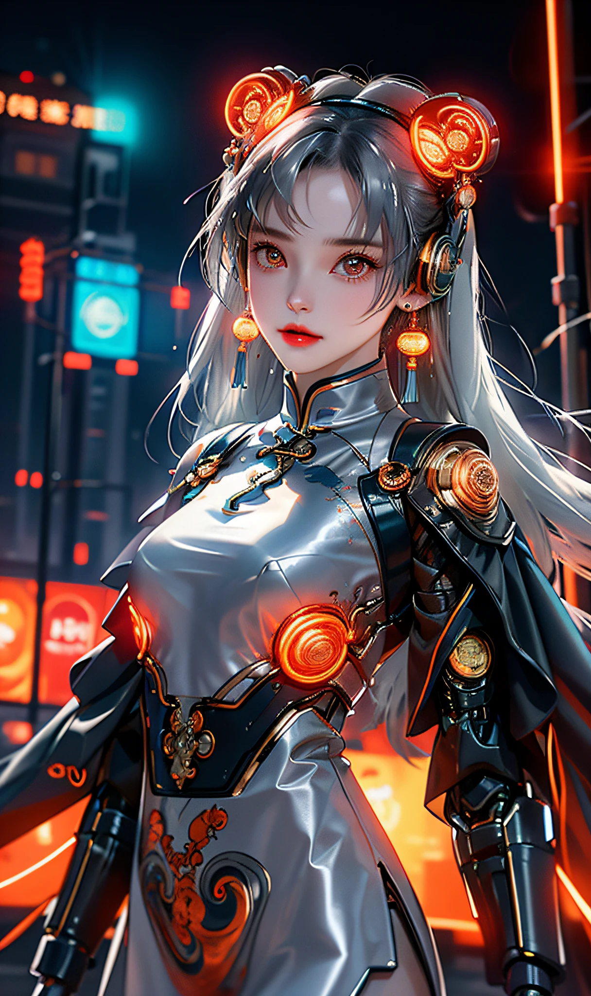 1 girl, Chinese_clothes, liquid silver and orange, cyberhan, cheongsam, cyberpunk city, dynamic pose, detailed luminous headphones, glowing hair accessories, long hair, glowing earrings, glowing necklace, cyberpunk, high-tech city, full of mechanical and futuristic elements, futuristic, technology, glowing neon, orange, orange light, transparent tulle, transparent streamers, laser, digital background urban sky, big moon, with vehicles, best quality, masterpiece, 8K, character edge light, Super high detail, high quality, the most beautiful woman in human beings, micro smile, face facing front and left and right symmetry, ear decoration, beautiful pupils, light effects, visual data, silver white hair, super detail facial texture