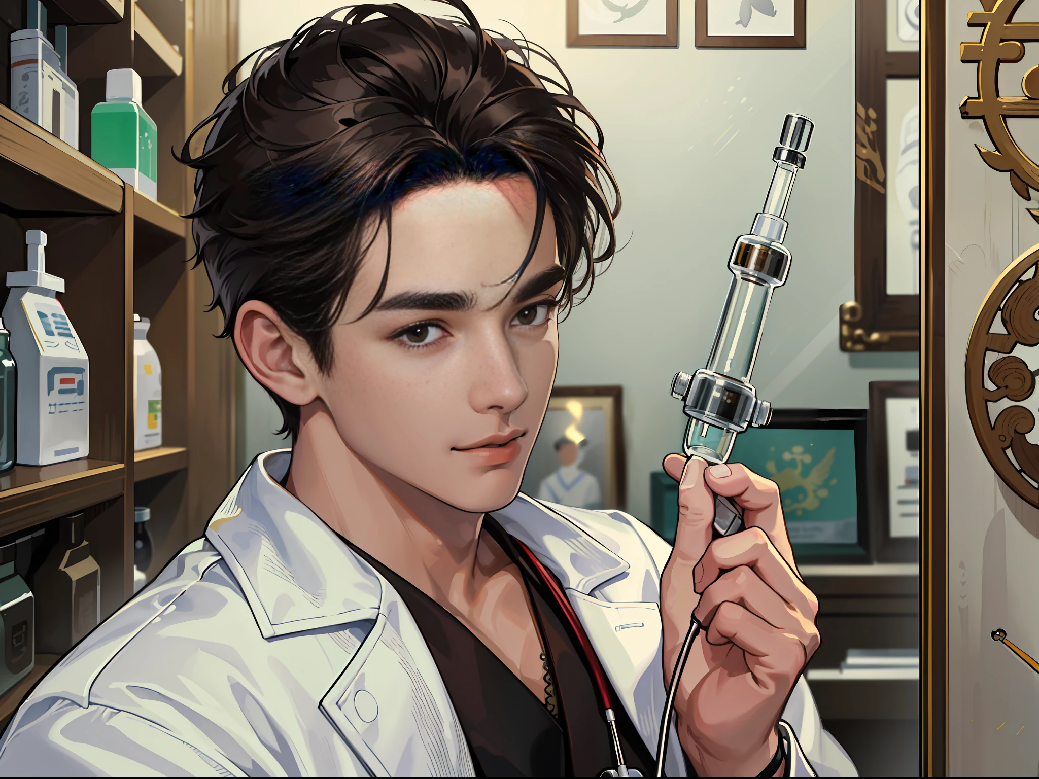 (ridiculous, high resolution, super detailed, realistic,), 1 male, soloist, 20 years old, (syringe in hand: 1.3), stethoscope hanging around his neck, tall, extremely short hair, black hair, brown eyes, thick eyebrows, antique room, doctor, white robe, white coat, room, ancient Chinese decoration style building