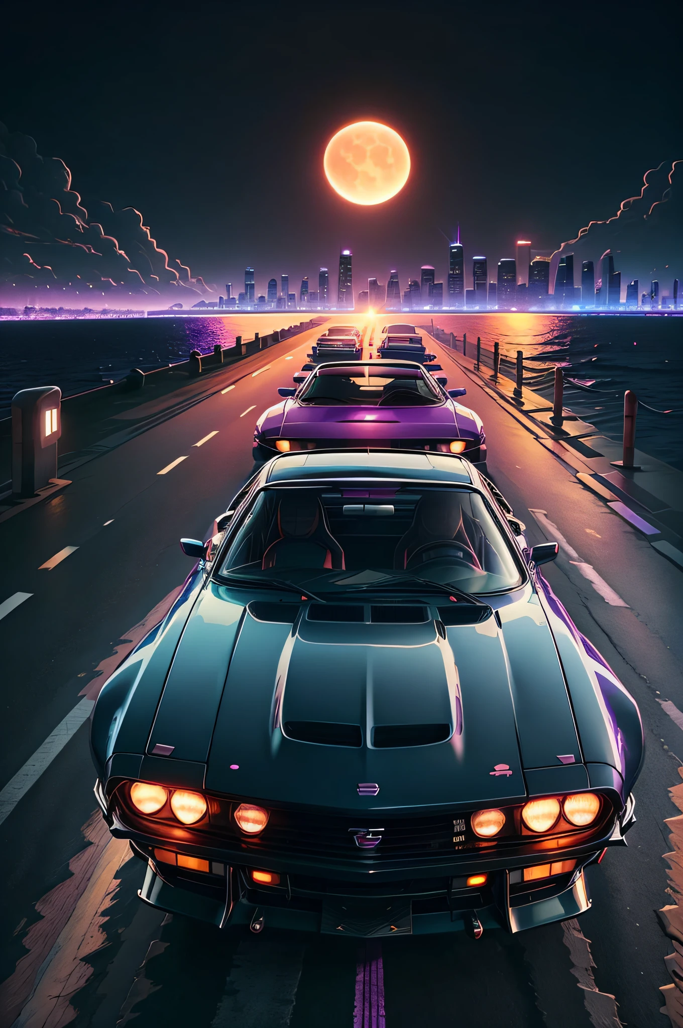 Reverse wave. City, 1969 Nissan S30, wide-body kit, road, purple neon, sun, close-up
(masterpiece, detailed, high resolution),