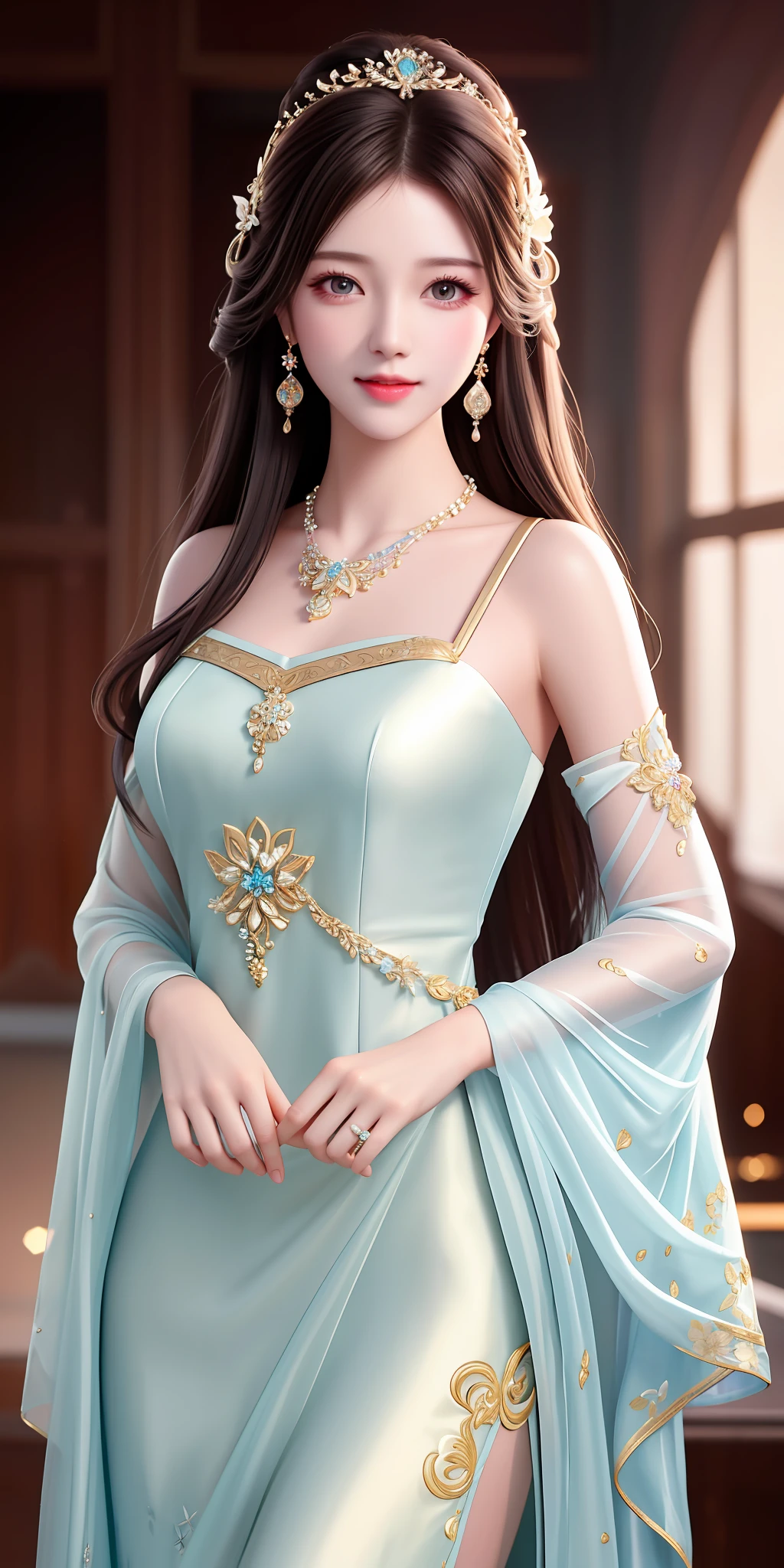 Best quality, masterpiece, high resolution, 1girl, clear silk porcelain dress, beautiful face, hair accessories, looking at the audience, smiling, close your mouth, lips, dress, hair accessories, necklaces, jewelry, long hair, earrings, beautiful face, on the body, Tindal effect, realism, dark studio, edge lighting, two-tone lighting, (high detail skin: 1.2), 8k UHD, DSLR, soft light, high quality, volumetric lighting, photo, high resolution 4K, 8k, blurred background