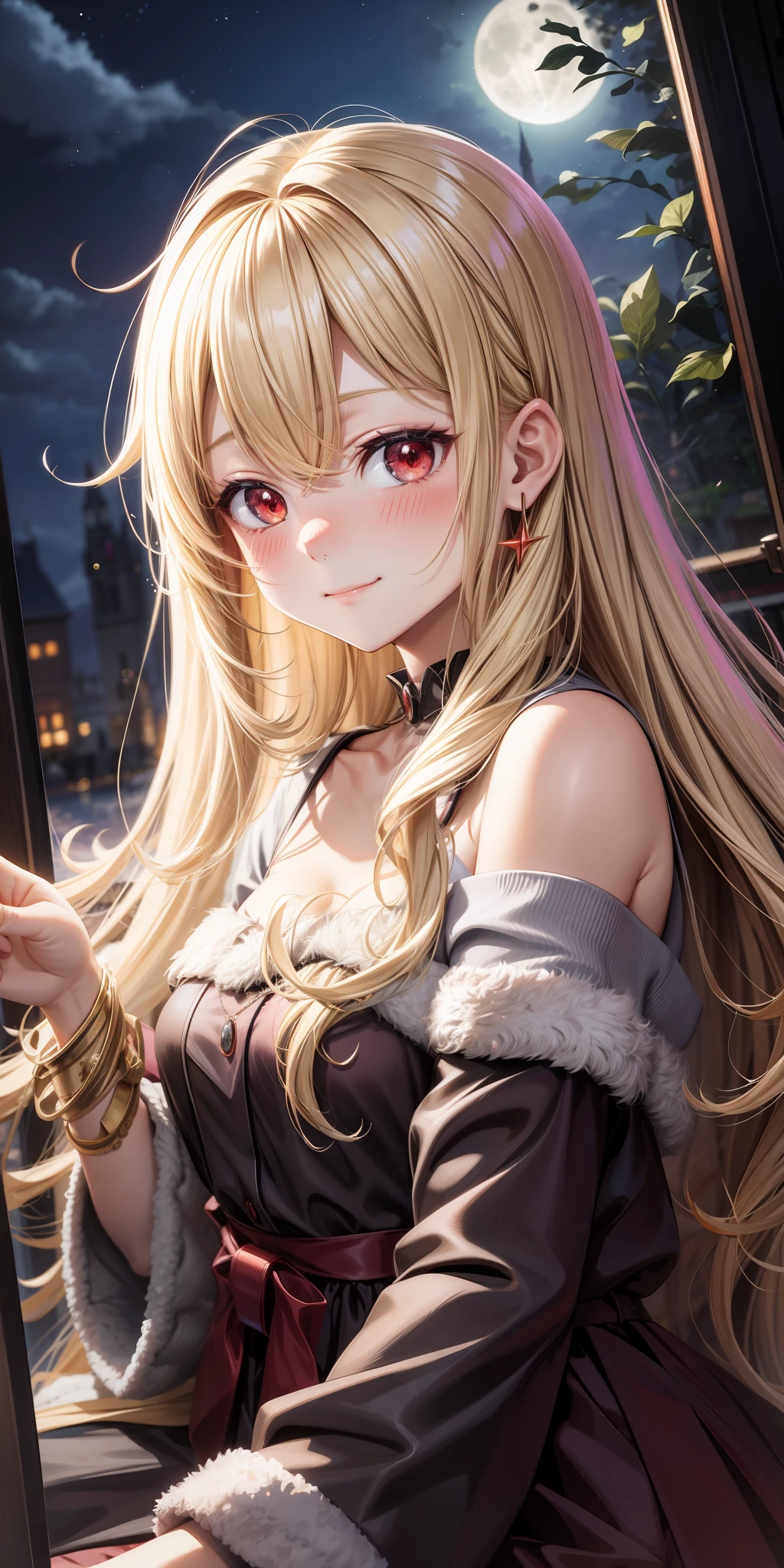 anime, girl single, fluffy blonde, red eyes, blush, little smile, moon, night, lightning, wizard, off-shoulder,