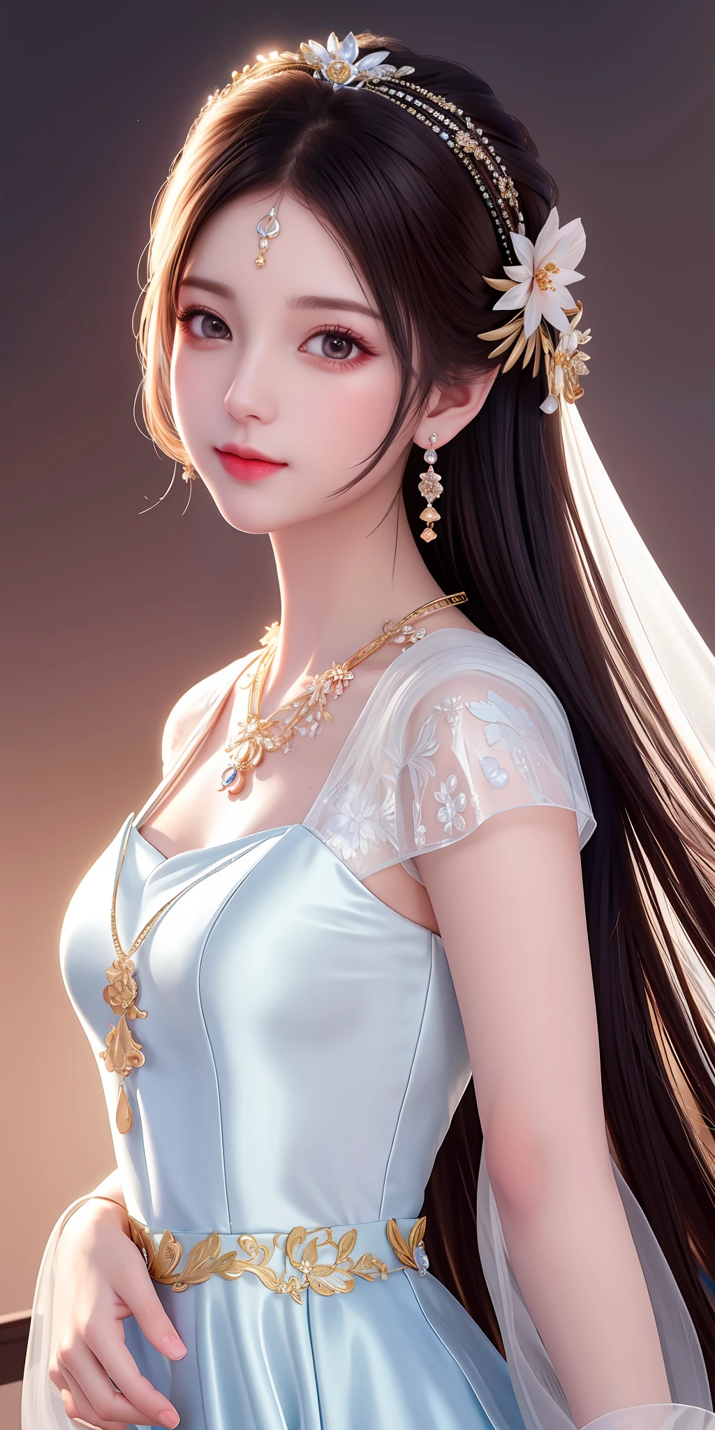 Best quality, masterpiece, high resolution, 1girl, clear silk porcelain dress, beautiful face, hair accessories, looking at the audience, smiling, close your mouth, lips, dress, hair accessories, necklaces, jewelry, long hair, earrings, beautiful face, on the body, Tindal effect, realism, dark studio, edge lighting, two-tone lighting, (high detail skin: 1.2), 8k UHD, DSLR, soft light, high quality, volumetric lighting, photo, high resolution 4K, 8k, blurred background