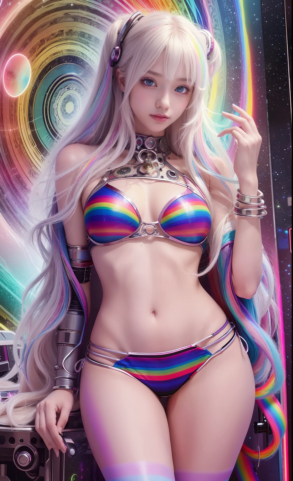 Masterpiece, Best Quality, Girls, Slender, Rainbow Colored Eyes, Hair Color, Rainbow Color, Long Hair Spreading, White Skin, Medium, Pretty, Sexy, Halo, Near Future, Bikini, Too Exposed Skin, Psychedelic, Trip, Highly Colored, Paisley, Highly Colored, Cyberspace, Cyberpunk, Disco, Mirror Ball, Buddhism, Mandala Themes, Open Legs, Eyeshadow, False Lashes, Blushing, mechanical left arm, smile, whole body