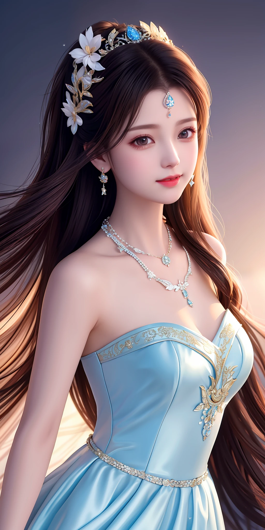 Best quality, masterpiece, high resolution, 1girl, clear silk porcelain dress, beautiful face, hair accessories, looking at the audience, smiling, close your mouth, lips, dress, hair accessories, necklaces, jewelry, long hair, earrings, beautiful face, on the body, Tindal effect, realism, dark studio, edge lighting, two-tone lighting, (high detail skin: 1.2), 8k UHD, DSLR, soft light, high quality, volumetric lighting, photo, high resolution 4K, 8k, blurred background