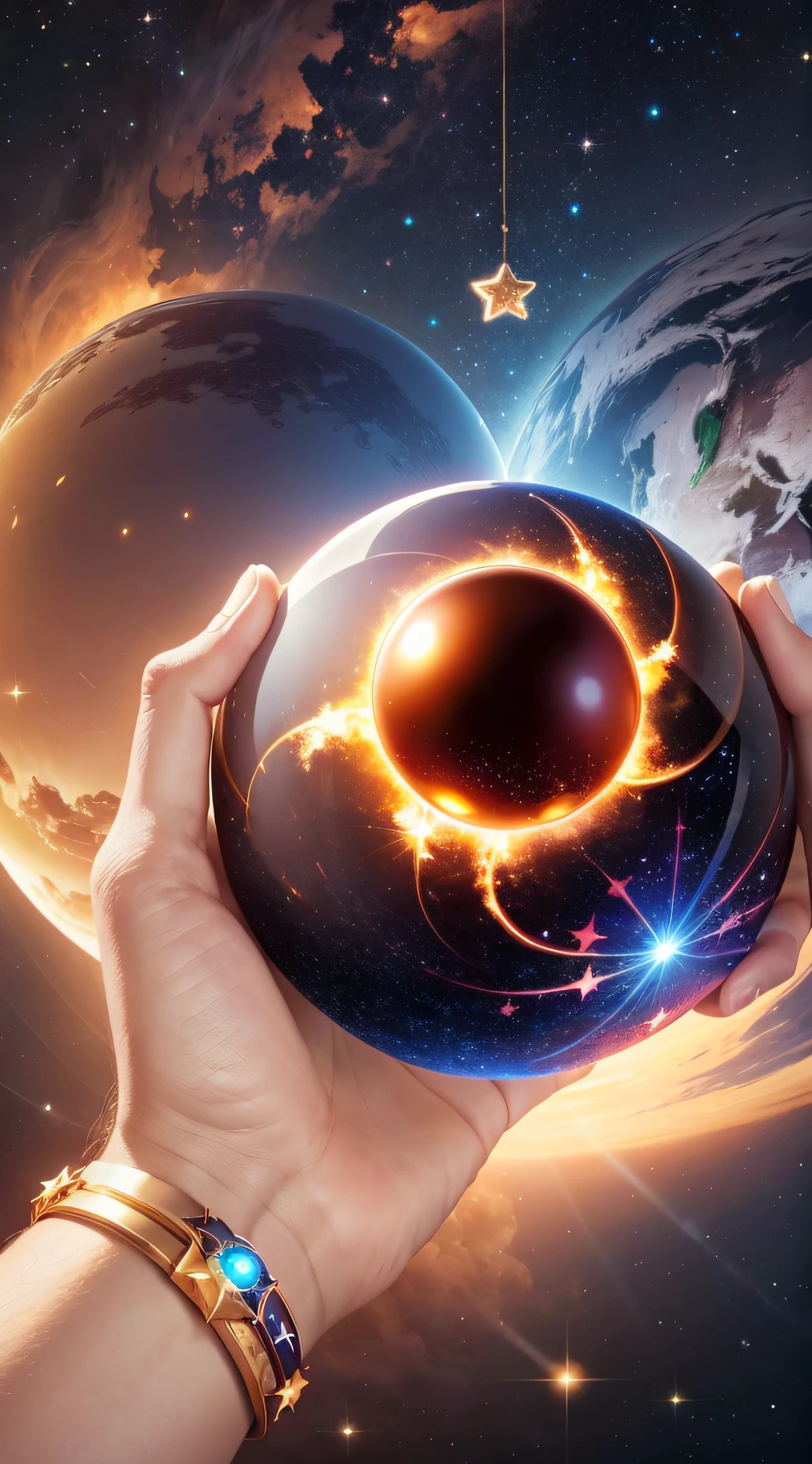 A pair of hands holding an energy ball with a star in the background, a close-up of the energy ball --auto --s2