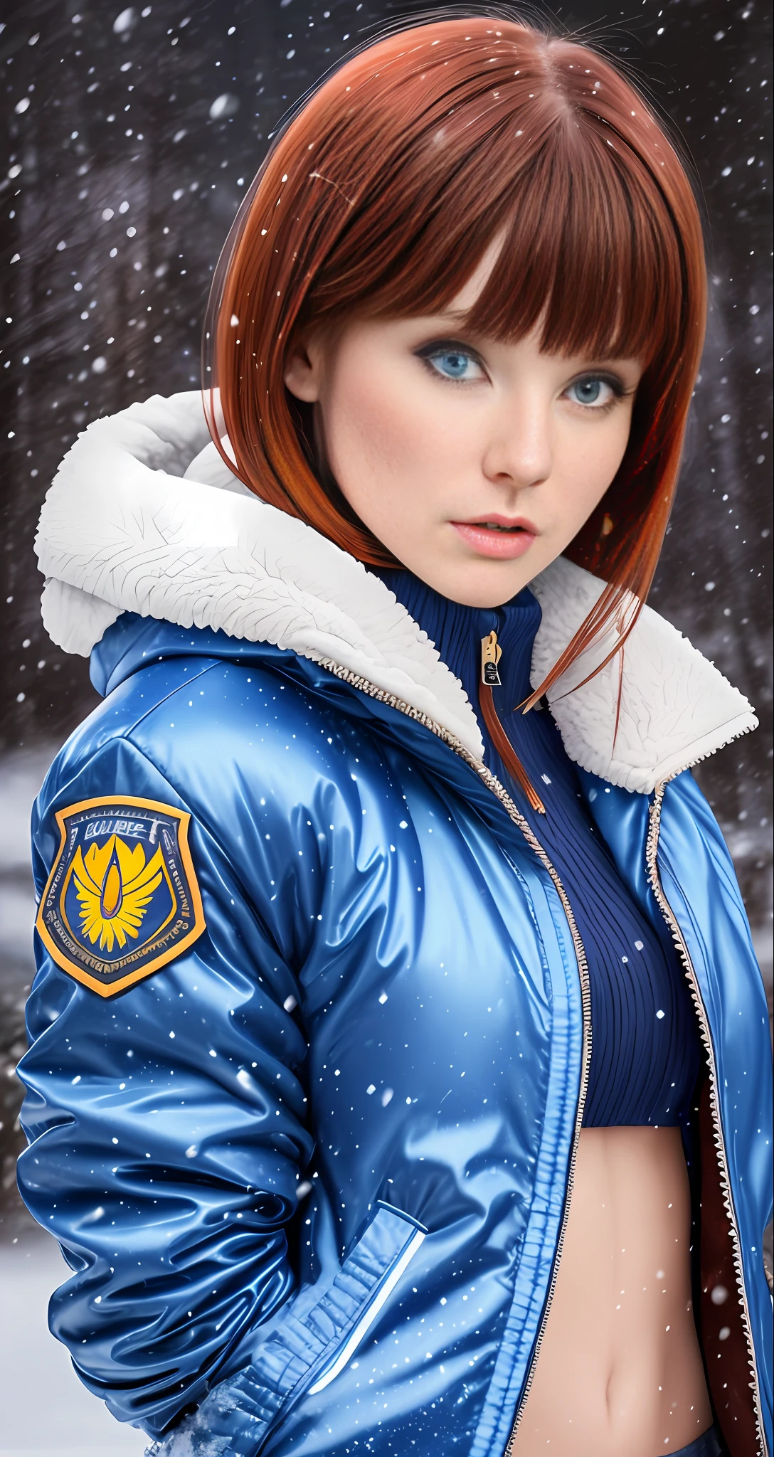 1Beautiful brunette woman wearing blue jaket, red head, with bangs,falling snow,small mouth,fleshy lips,Katyasitak,closeup,
masterpiece, higeres, 4k, hdr, trend in ArtStation,