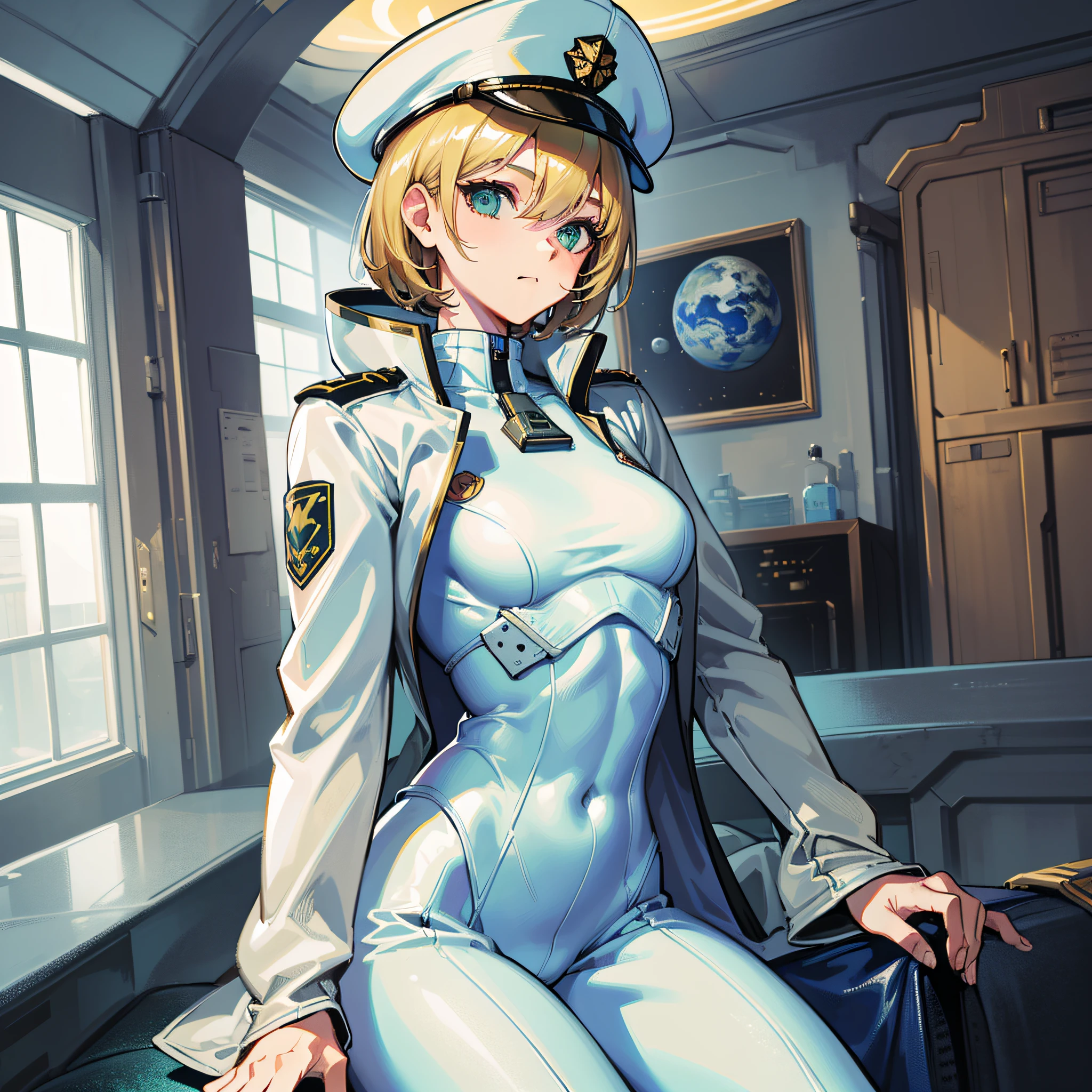 ((Masterpiece)), ((Highest Image Quality)), ((Best Quality)), (Illustration of One Girl), Full Body, 25 Years Old, (Neutral), Blonde, ((Short Hair)), ((Short Neckline)), Green Eyes, (Flat)), Small, (((Tall)), ((Muscular Strong Body)), (Army Uniform)), (Military Hat)), (Army Coat)), (White Clothes), (White Pants), (White Hat), Trench Coat, (( Inside the spaceship)), (outside the window, space, Earth seen from space, spaceport)