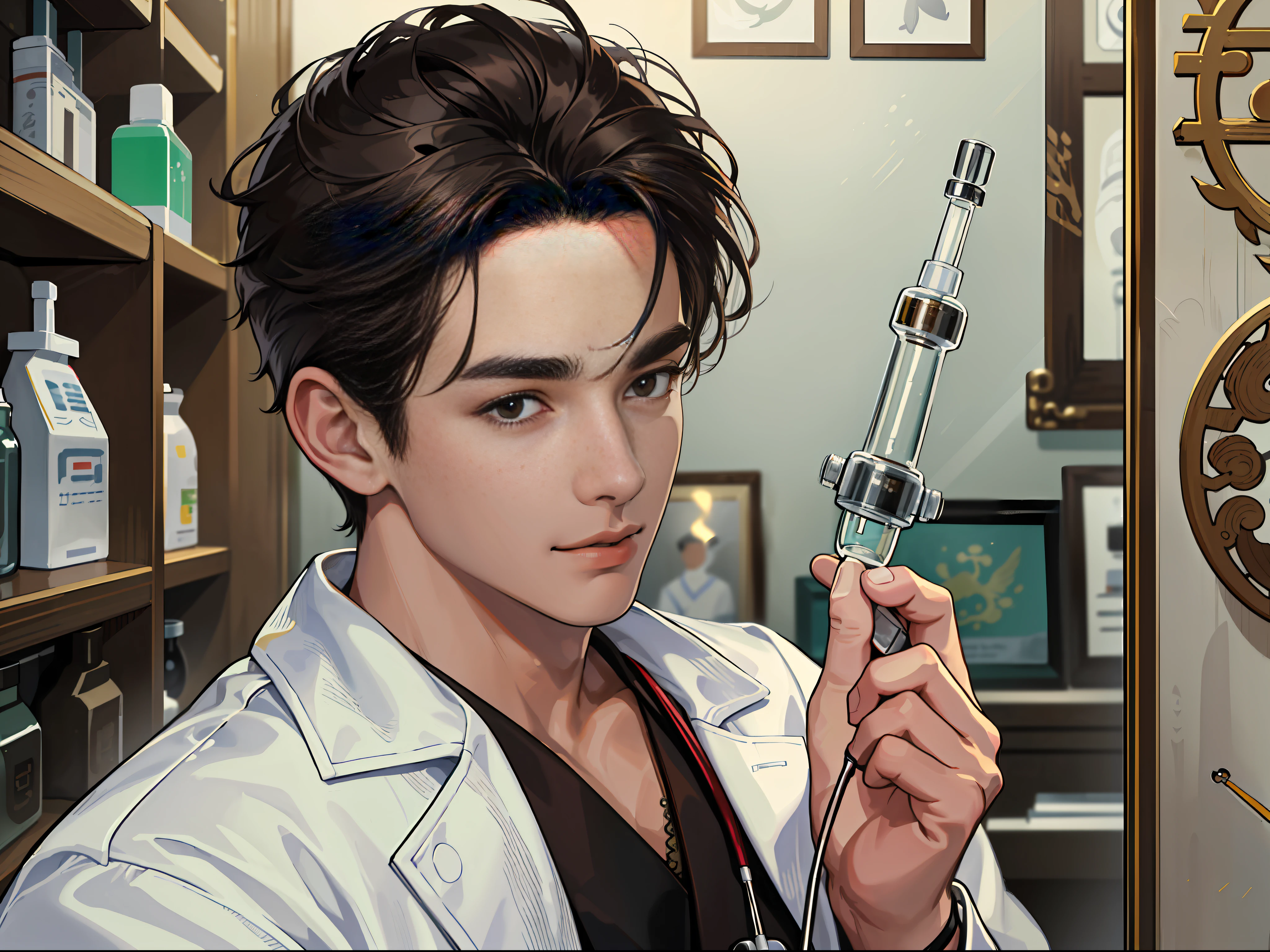 (ridiculous, high resolution, super detailed, realistic,), 1 male, soloist, 20 years old, (syringe in hand: 1.3), stethoscope hanging around his neck, tall, extremely short hair, black hair, brown eyes, thick eyebrows, antique room, doctor, white robe, white coat, room, ancient Chinese decoration style building