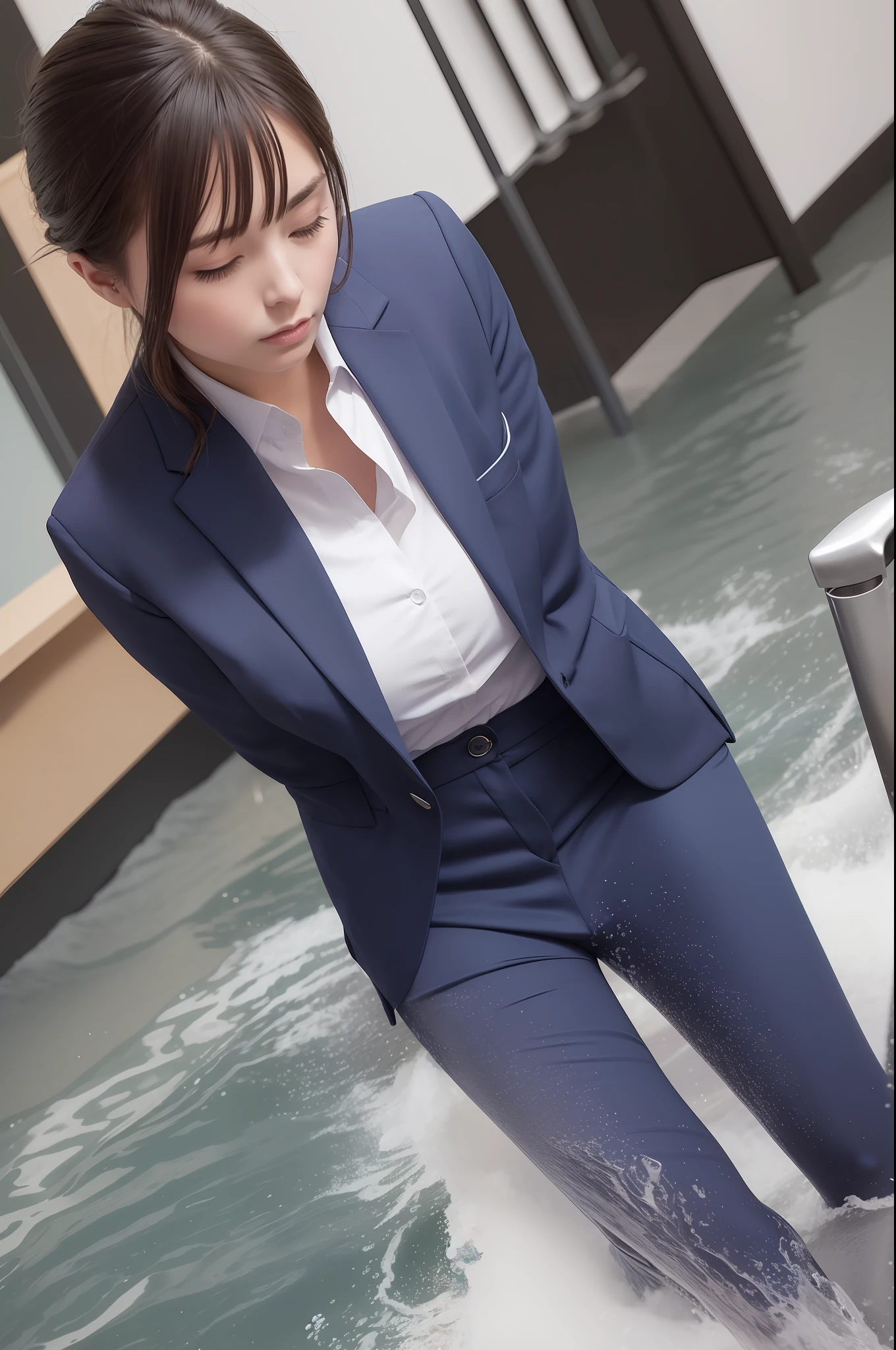 office clothes, a woman with water flowing from between the crotches of a pantsuit,