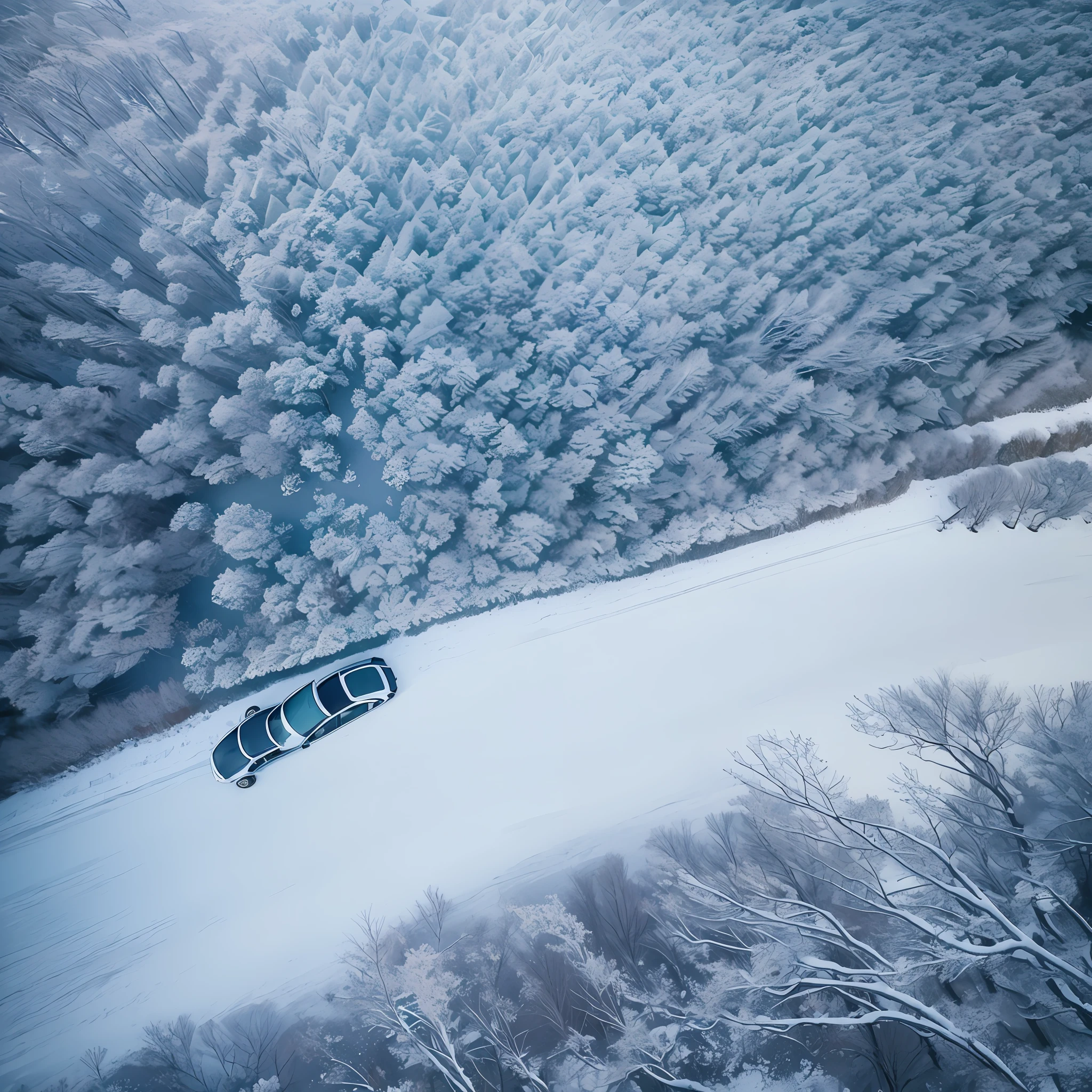 Top view, top view, aerial view, far view, far shadow, landscape, snow with a lot of leaves without leaves, a car in the middle, blue and white tones, light and shadow, hope, Makoto Shinkai style, anime --auto --s2