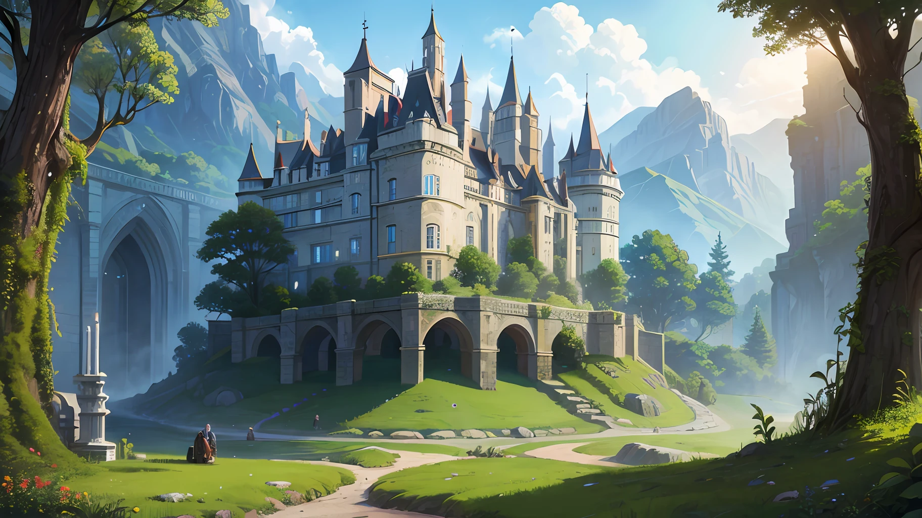 An (exquisitely detailed) castle with (stony) roadway and surrounding lush greenery, inviting exploration and discovery. (Best quality), fantasy.