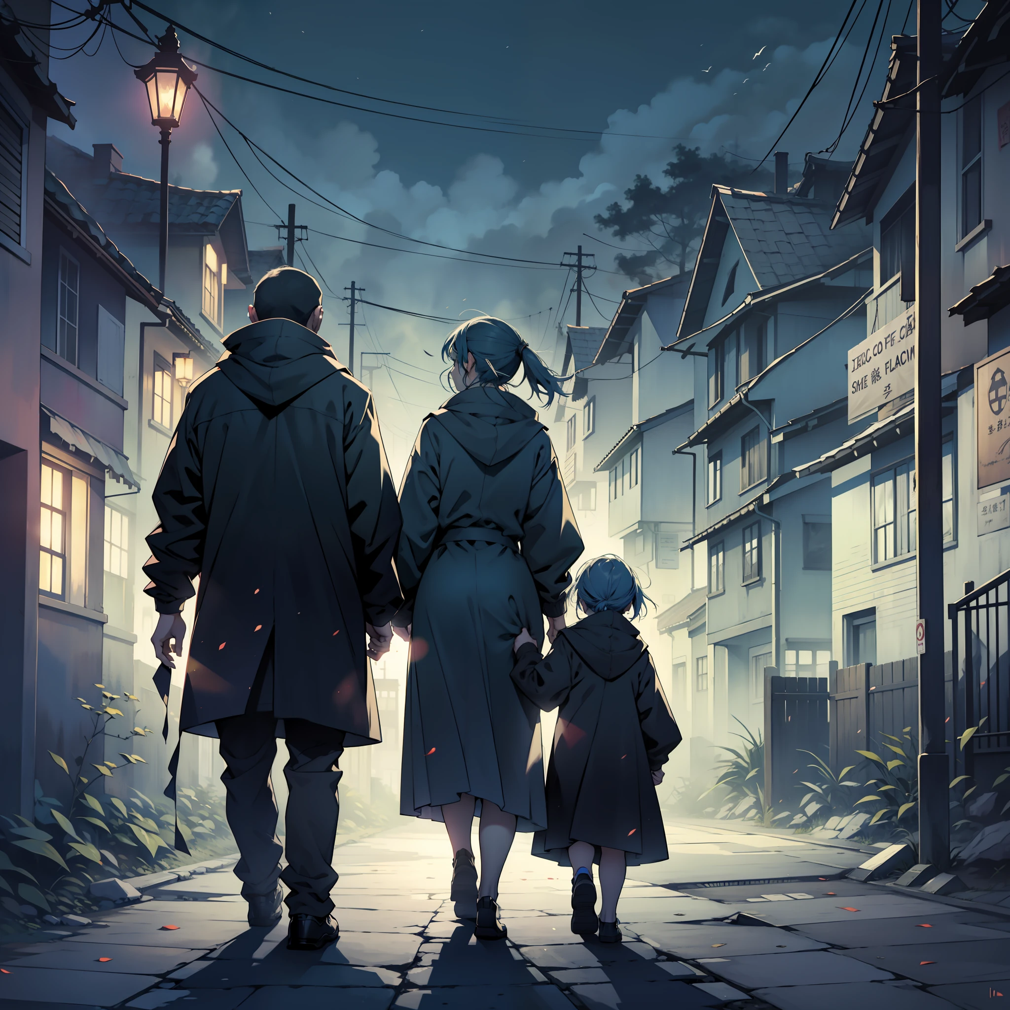 Parents with children, walking in the village, seeing a doctor, scary atmosphere, shady, doomsday atmosphere, cold colors, dim light