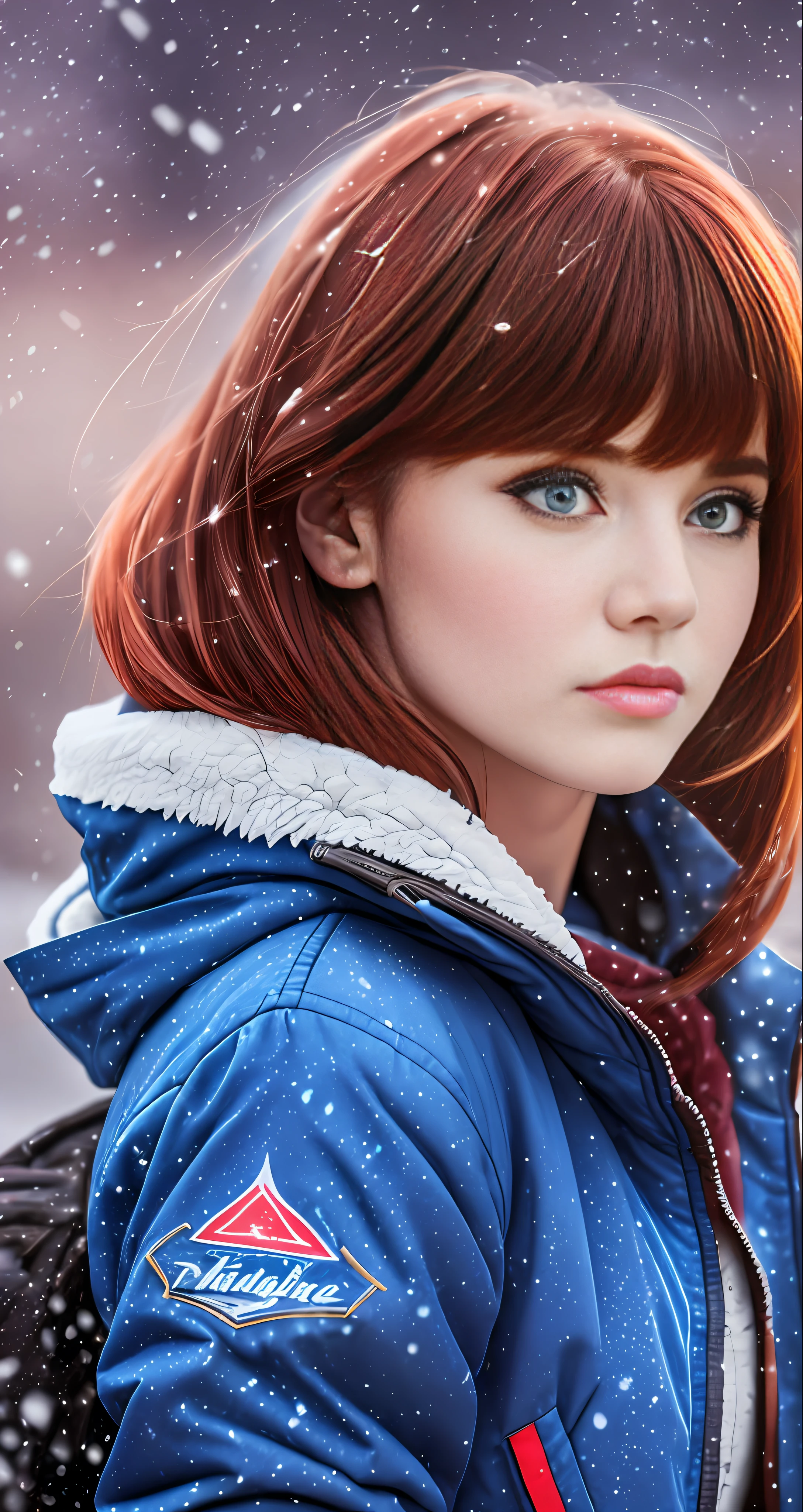 1Beautiful brunette woman wearing blue jaket, red head, with bangs,falling snow,small mouth,fleshy lips,Katyasitak,closeup,
masterpiece, higeres, 4k, hdr, trend in ArtStation,