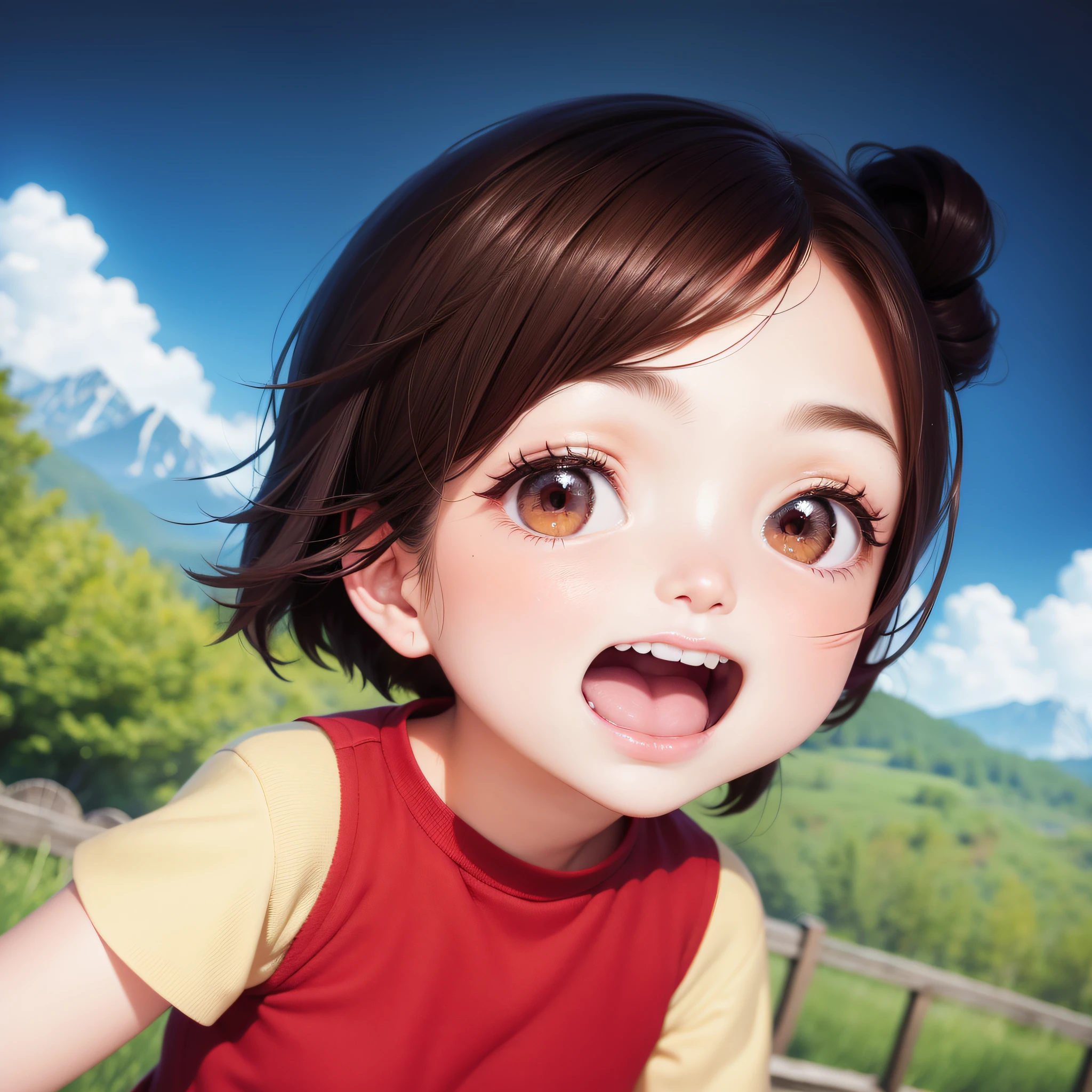 1girl,red clothes,upper body,background Alps
