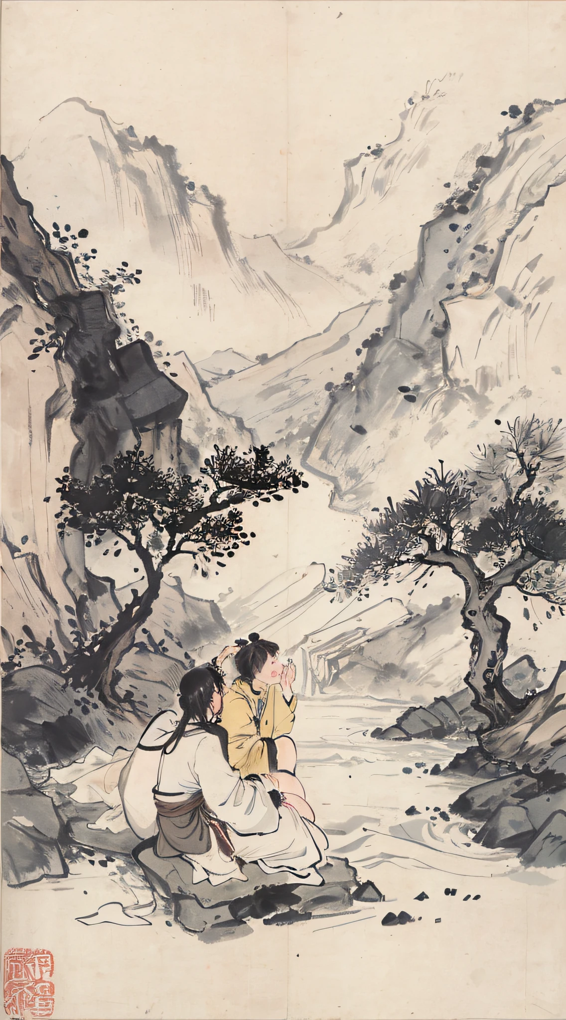 (Masterpiece, best quality: 1.2), traditional Chinese ink painting, large waterfall between mountains, rough waves, Yellow River, two people talking one sitting and one person standing