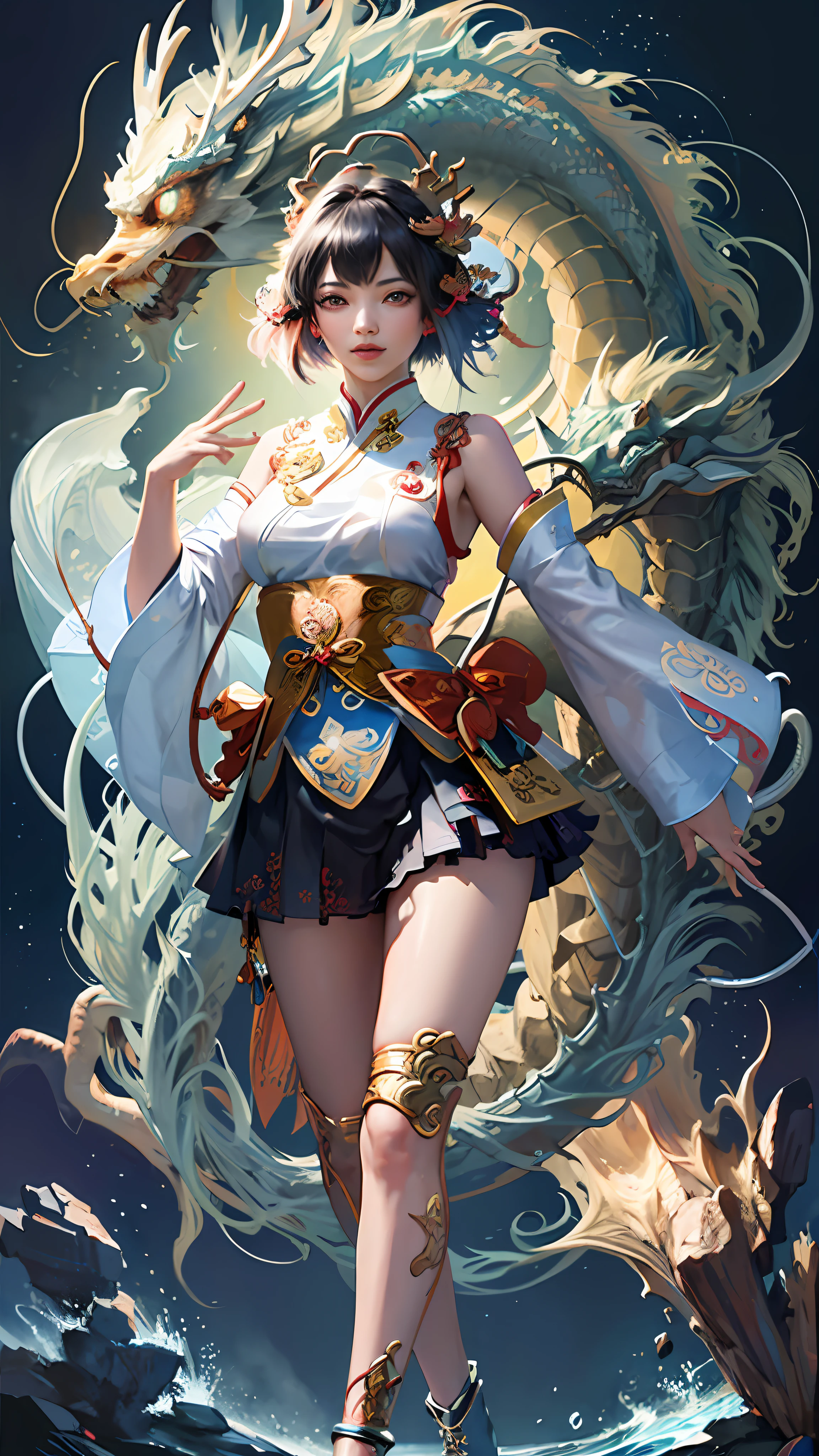 Official Art, Unified 8K Wallpapers, Ultra Detailed, Beautiful and Aesthetic, Masterpiece, Best Quality, (Zentangle, Tangle, Entangle), (fractal art: 1.4), 1girl, black hair, Chinese, bare shoulders, short skirt, calf, navel, very detailed, dynamic angle, cowboyshot, (most beautiful form chaos), flowing, (bright colors), oc, (half: 1.2), china, (thangka flying sky: 1.5), (ribbon: 1.3), (dream: 1.5), (hanfu: 1.5), Chinese dragon, Chinese phoenix, (smile: 0.5), (Chinese deity),