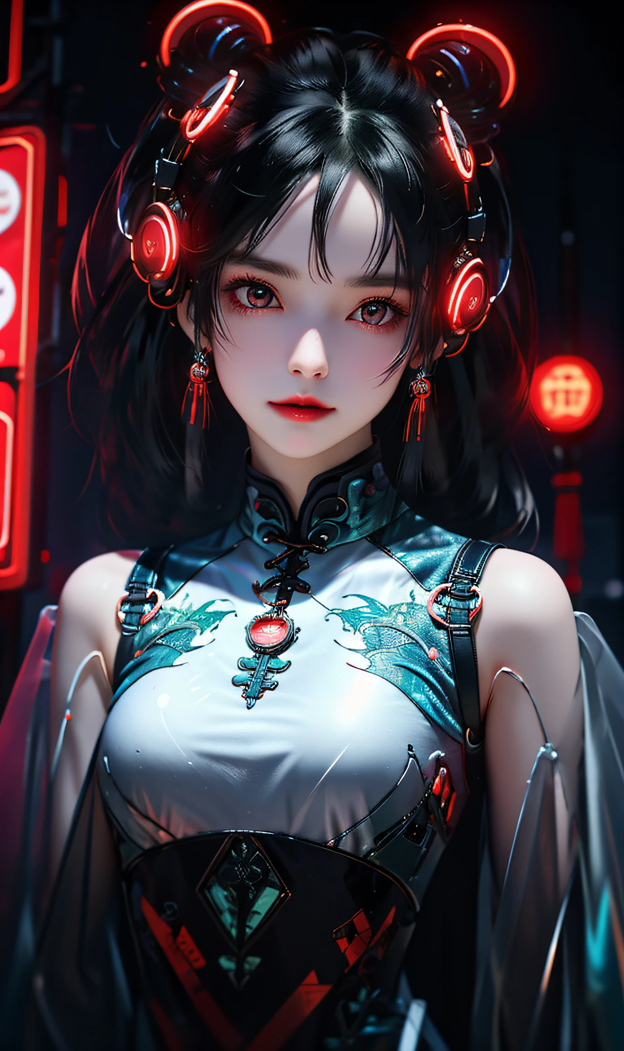 1 girl, Chinese_clothes, liquid black titanium and red, cyberhan, cheongsam, cyberpunk city, dynamic pose, detailed luminous headphones, luminous hair accessories, long hair, luminous earrings, luminous necklace, cyberpunk, high-tech city, full of mechanical and futuristic elements, futuristic, technology, glowing neon, red, red light, transparent black tulle, black ribbon, laser, digital background urban sky, big moon, with vehicles, best quality, masterpiece, 8K, character edge light, Super high detail, high quality, the most beautiful woman in human beings, smiling slightly, face facing front and left and right symmetry, ear decoration, beautiful pupils, light effects, visual data, dark black hair, super detailed facial texture, bright leather red gloves, elevation angle shooting