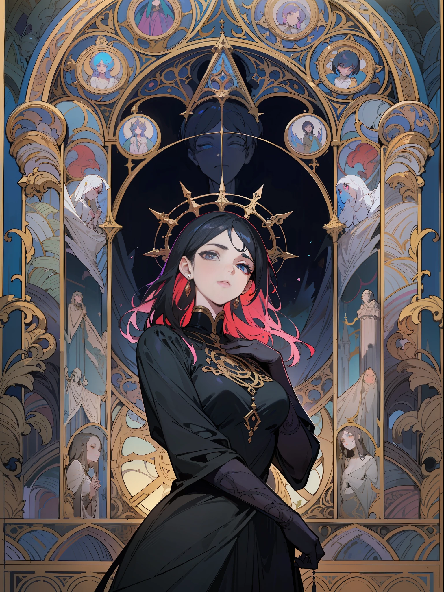 A bush and dilapidated stone cathedral and a demon illuminated by the light shining through its windows. The devil is a woman with a beautiful face and bright eyes. Beautiful black hair. She wears a jet black dress with intricate and delicate ornaments. A stone cathedral bathed in moonlight. Detailed drawing. Bright colors. High image quality. art nouveau style background