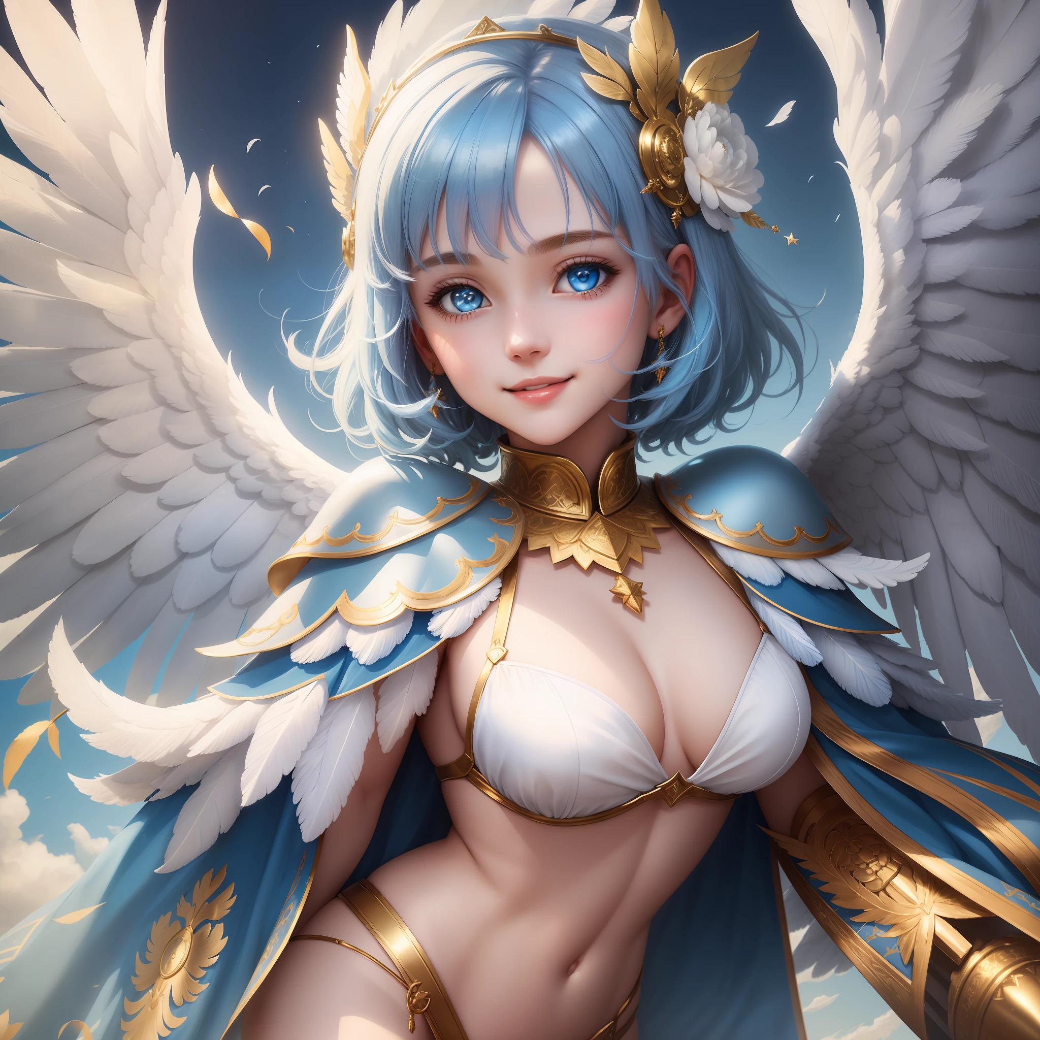 One girl, blue hair, blue eyes, short hair, smile, white angel figure, white big feathers, golden hair ornament, high quality, highest quality, high detail, emphasizing thighs, blue sky, composition from the front