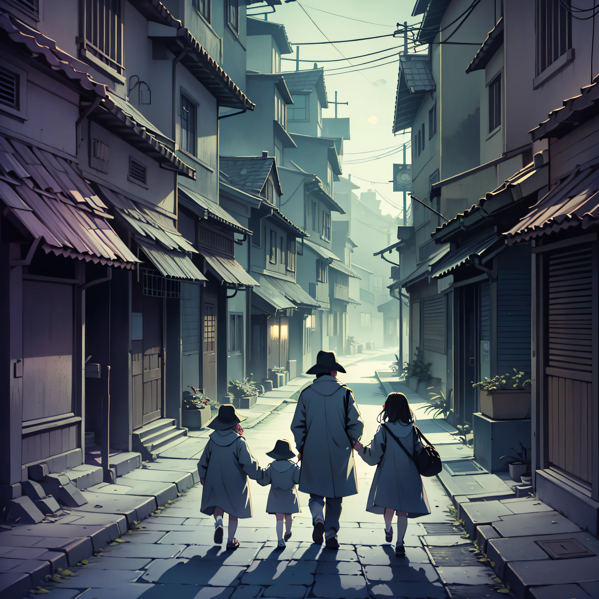 Parents with children, walking in the village, seeing a doctor, scary atmosphere, shady, doomsday atmosphere, cold colors, dim light