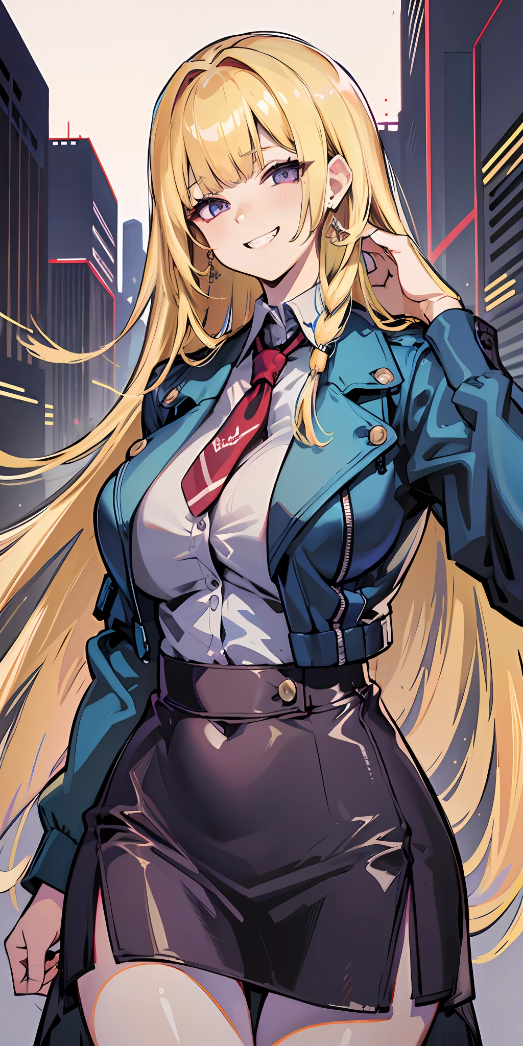 (Masterpiece: 1.6, Best Quality), (Fine and Beautiful Eyes: 1.2), (Overhead), High Quality, Beautiful Face, 1girl, Leather Tight Skirt, Extra Large Leather Jacket, Big Tits, Long Hair, Wide Hips, (Landscaped), Street, Background, Detail Background, Spooky Grin, Angled Laughter at the Corners of Mouth, Long Coat, Shirt, Tie, Office Lady, Mature