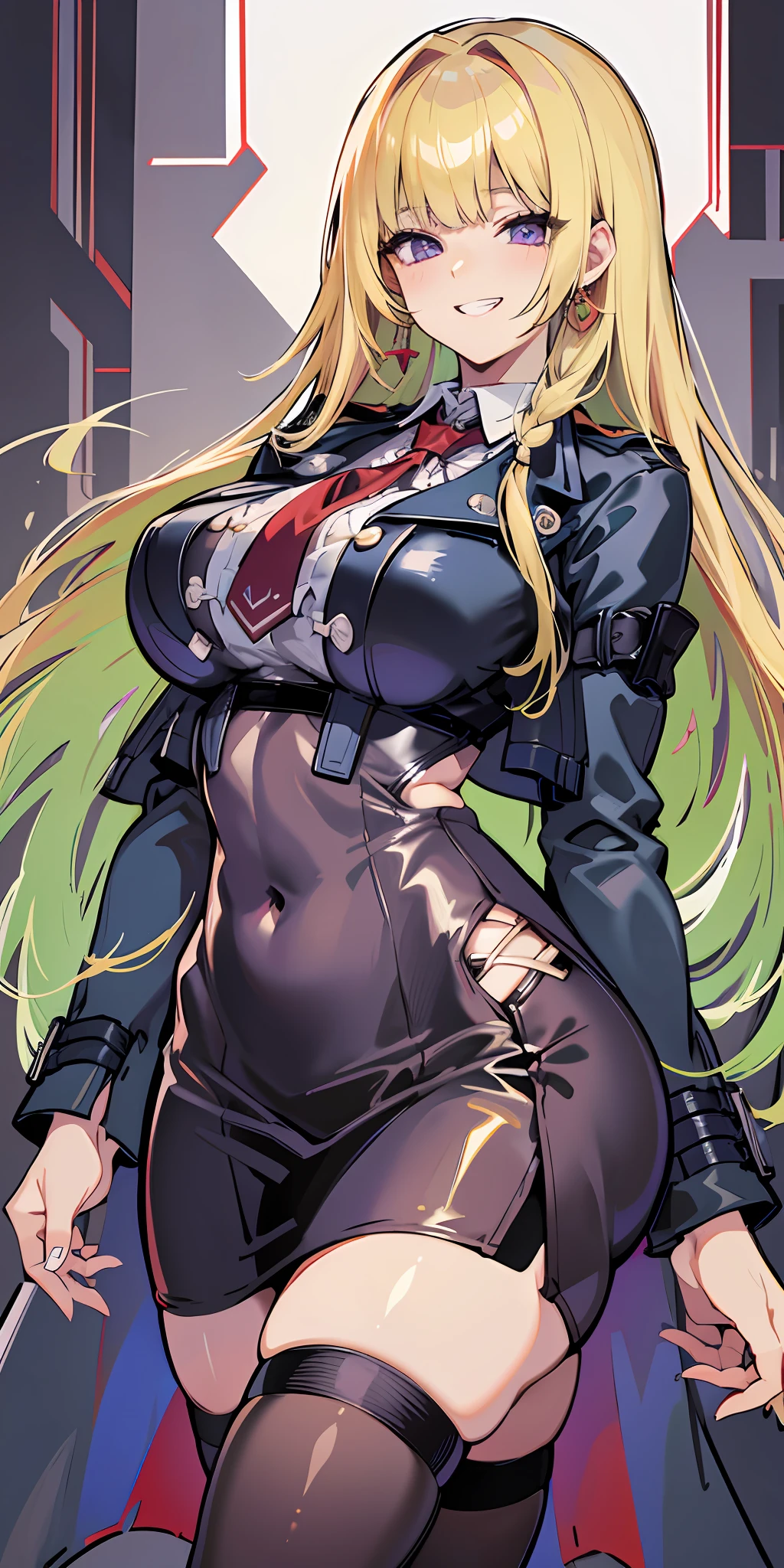 (Masterpiece: 1.6, Best Quality), (Fine and Beautiful Eyes: 1.2), (Overhead), High Quality, Beautiful Face, 1girl, Leather Tight Skirt, Extra Large Leather Jacket, Big Tits, Long Hair, Wide Hips, (Landscaped), Street, Background, Detail Background, Spooky Grin, Angled Laughter at the Corners of Mouth, Long Coat, Shirt, Tie, Office Lady, Mature