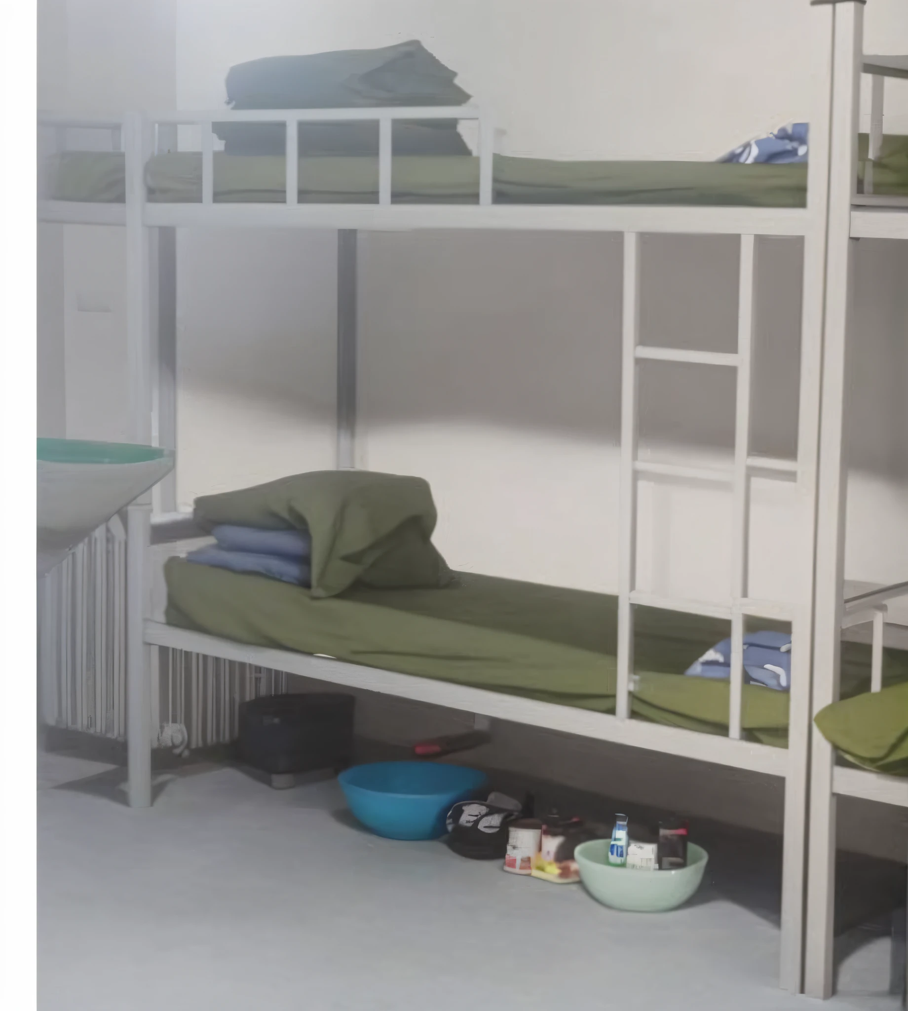 there are two bunk beds with green blankets and a blue bowl, with a bunk bed, prison cell, in a small prison cell, chinese men in a prison, in a prison cell, beds, detention centre, inside a gang hideout, temporary emergency shelter, prison complex, a room, interior of the hall in area 55, jail, clean room